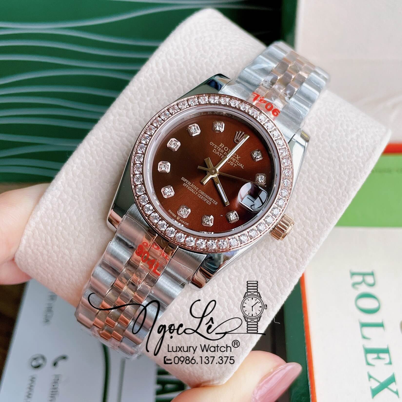 Đồng Hồ Nữ Rolex Datejust Pin Màu Demi Rose Mặt Nâu Đính Đá Size 32mm