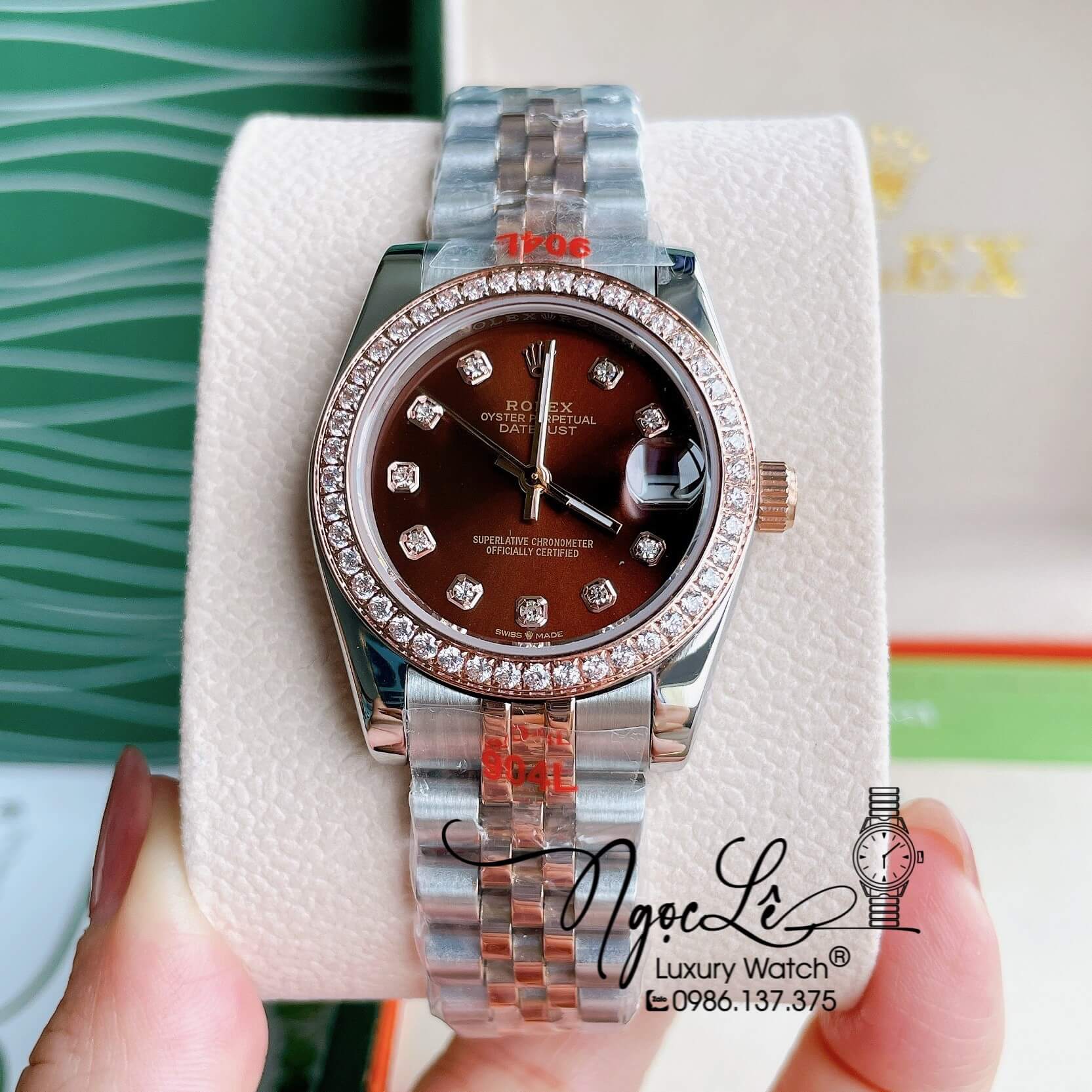 Đồng Hồ Nữ Rolex Datejust Pin Màu Demi Rose Mặt Nâu Đính Đá Size 32mm