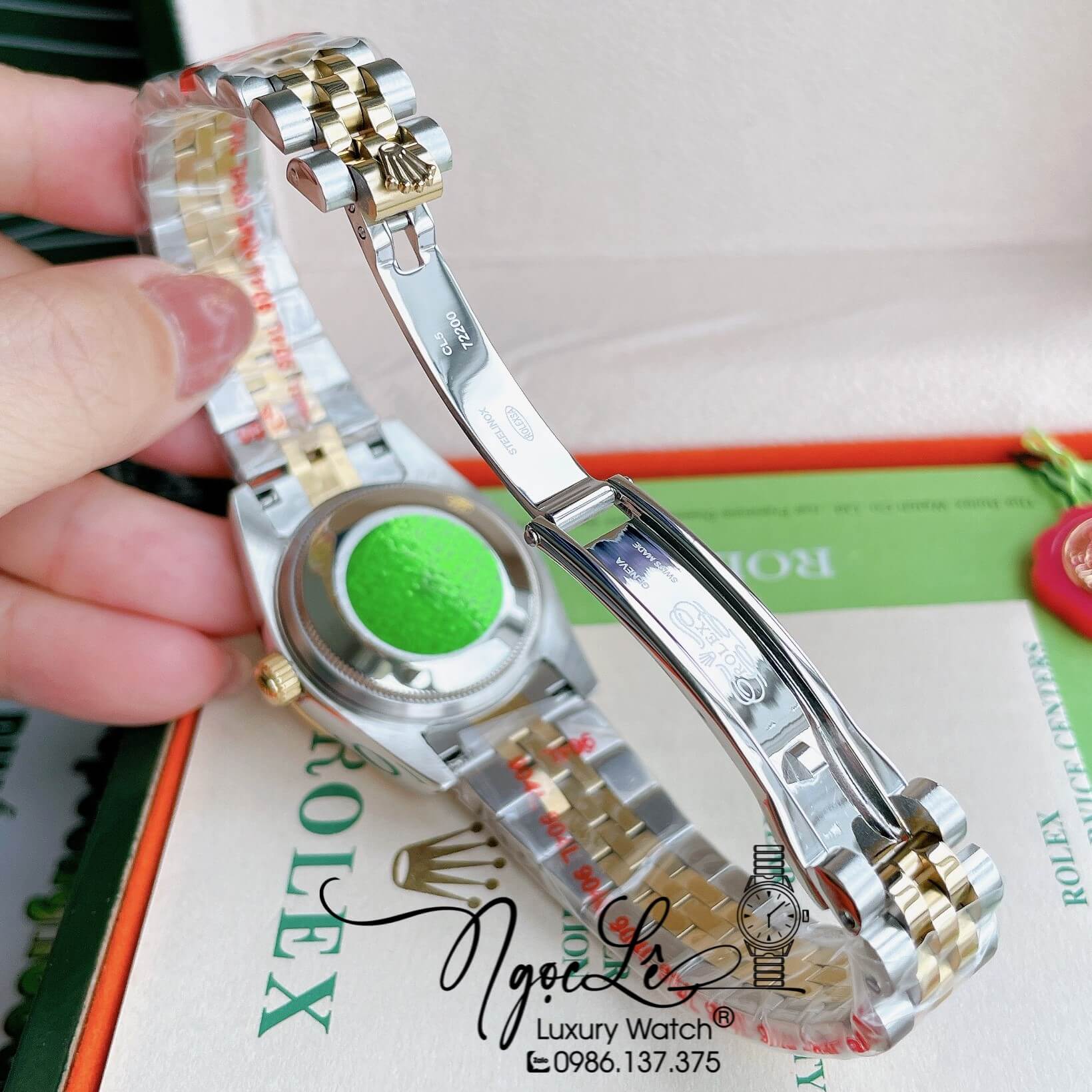 Đồng Hồ Nữ Rolex Datejust Pin Màu Demi Vàng Mặt Xanh Coban Đính Đá Size 32mm