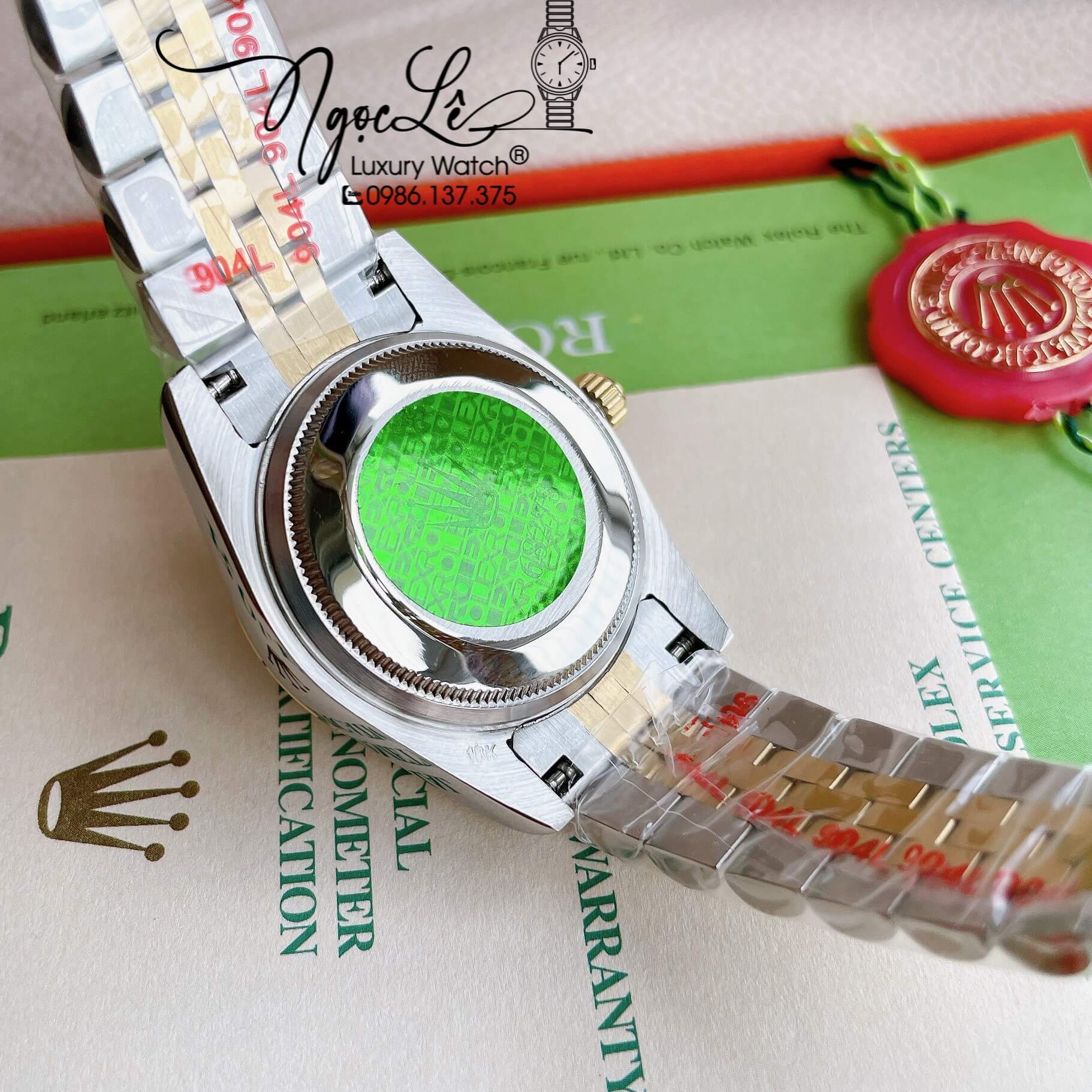 Đồng Hồ Nữ Rolex Datejust Pin Màu Demi Vàng Mặt Xanh Coban Đính Đá Size 32mm