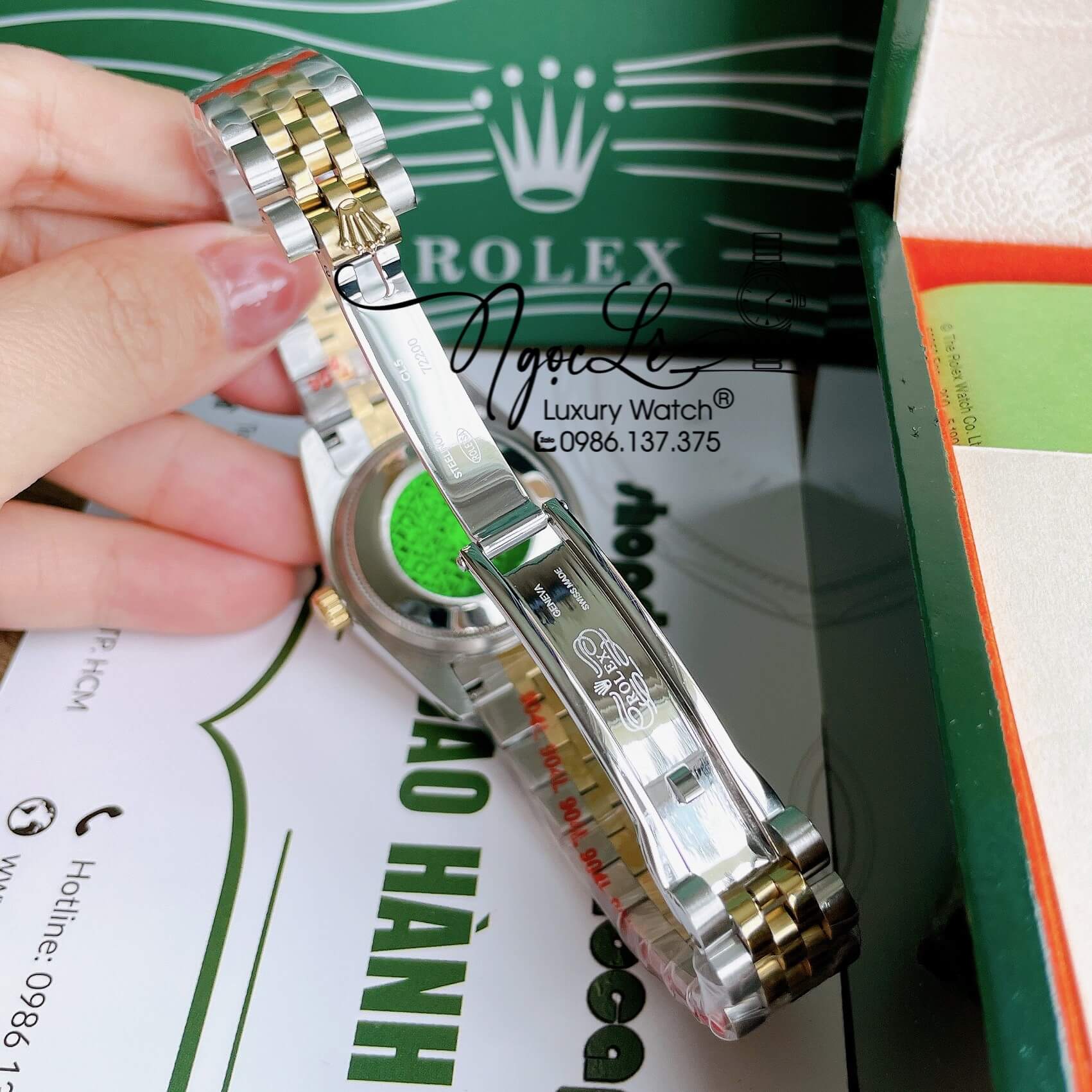 Đồng Hồ Nữ Rolex Datejust Pin Màu Demi Vàng Mặt Xanh Coban Đính Đá Size 32mm