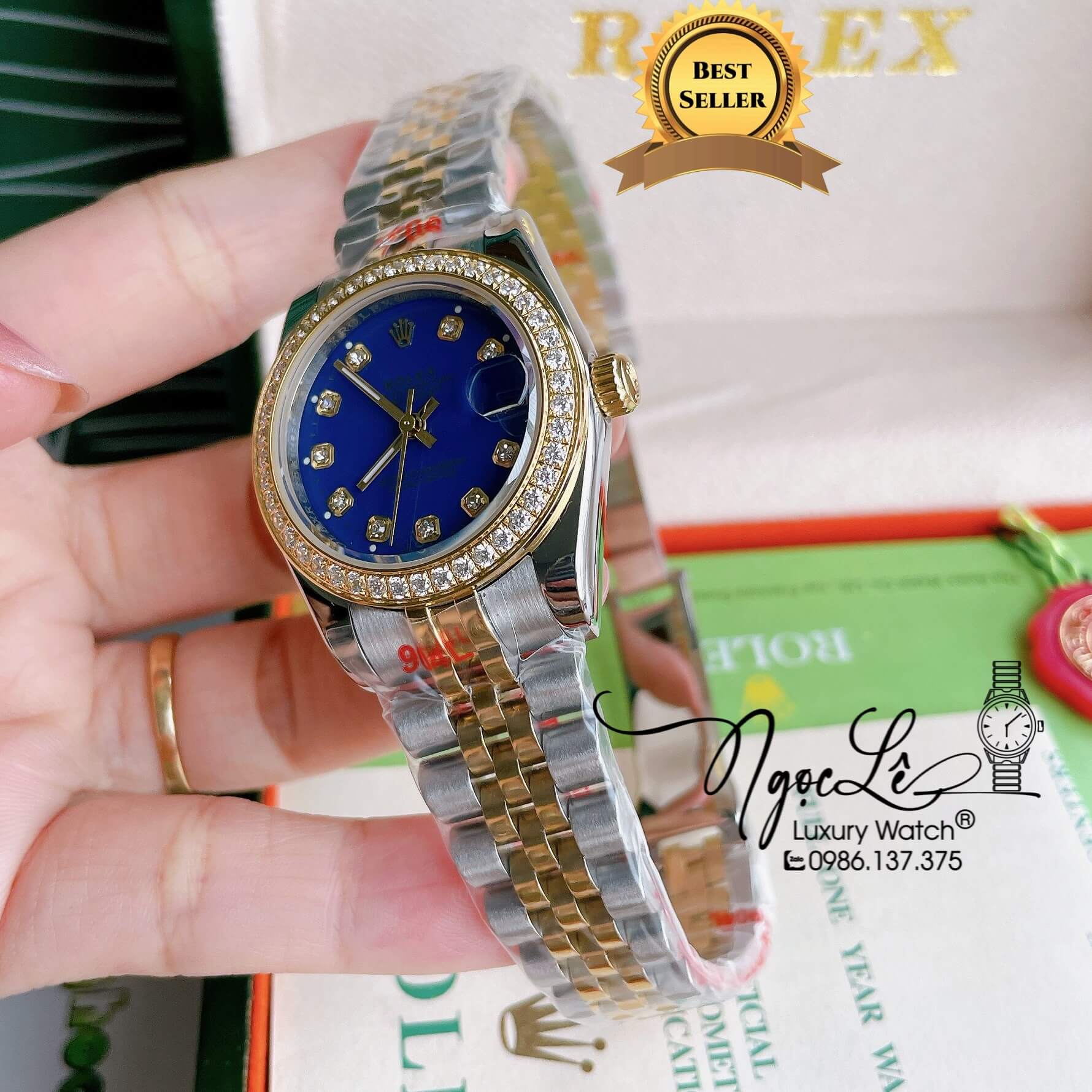 Đồng Hồ Nữ Rolex Datejust Pin Màu Demi Vàng Mặt Xanh Coban Đính Đá Size 32mm