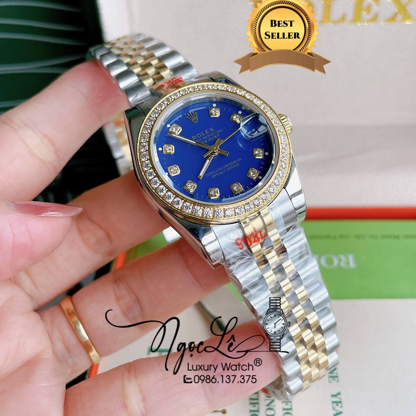 Đồng Hồ Nữ Rolex Datejust Pin Màu Demi Vàng Mặt Xanh Coban Đính Đá Size 32mm