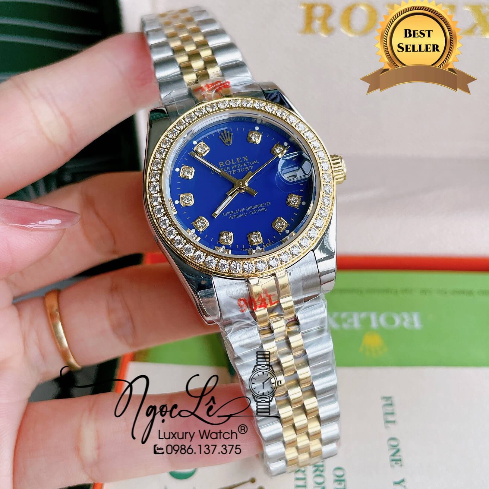 Đồng Hồ Nữ Rolex Datejust Pin Màu Demi Vàng Mặt Xanh Coban Đính Đá Size 32mm
