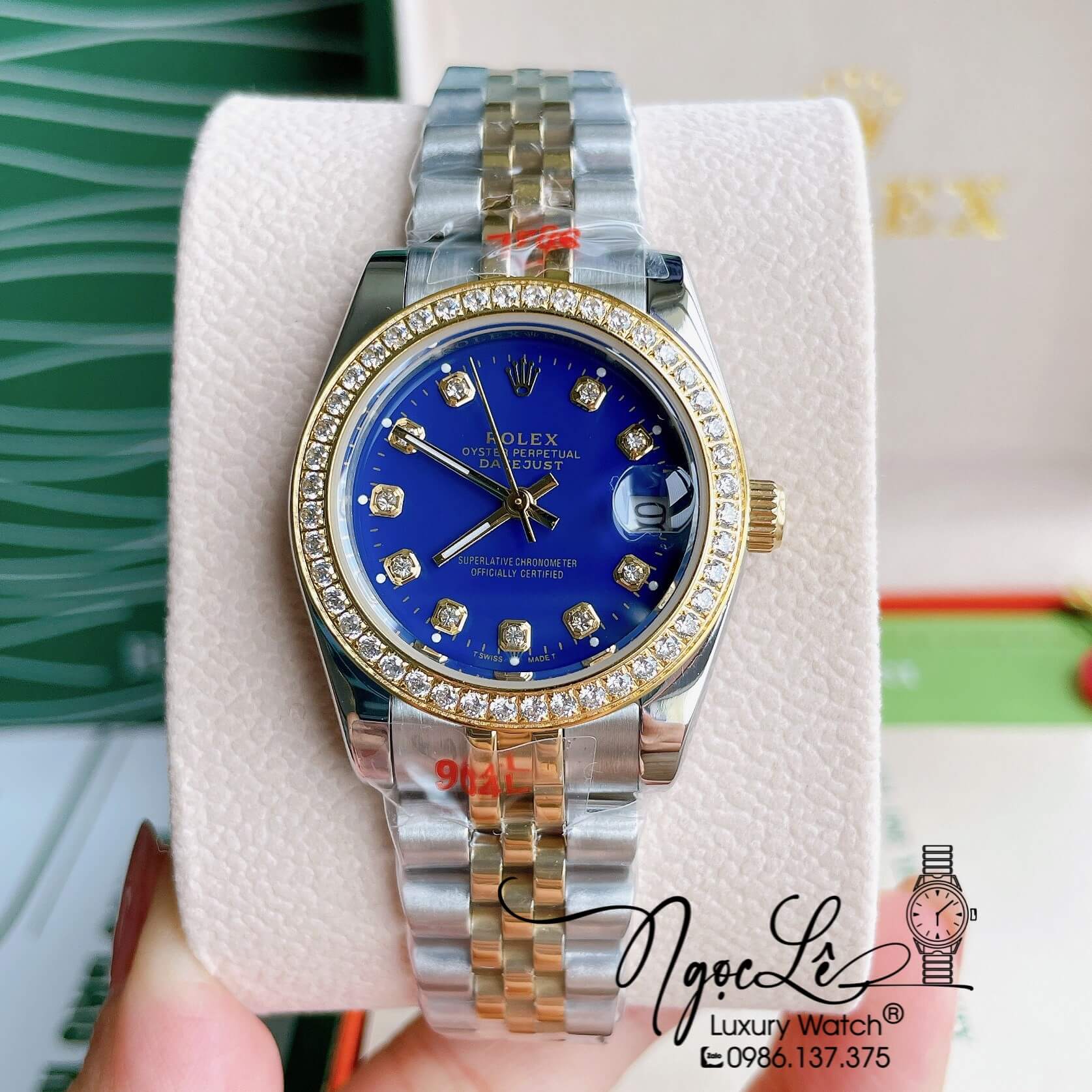 Đồng Hồ Nữ Rolex Datejust Pin Màu Demi Vàng Mặt Xanh Coban Đính Đá Size 32mm