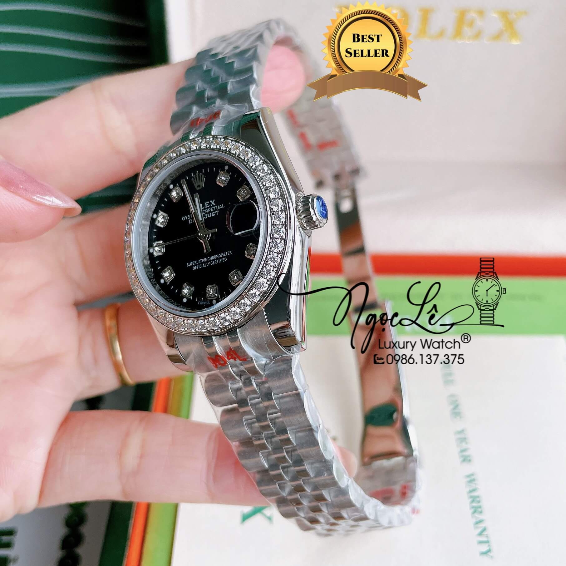 Đồng Hồ Nữ Rolex Datejust Pin Màu Bạc Mặt Đen Đính Đá Size 32mm