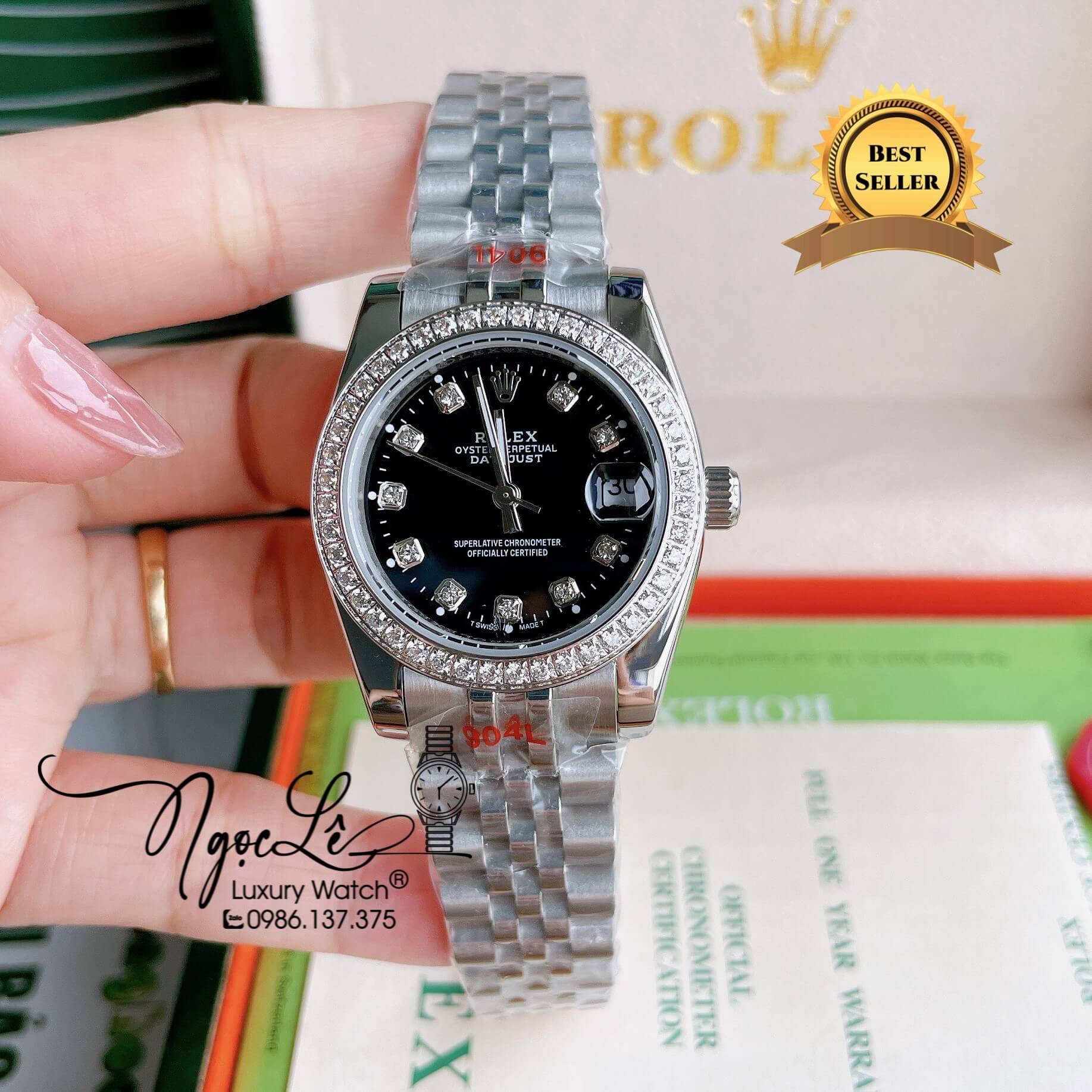 Đồng Hồ Nữ Rolex Datejust Pin Màu Bạc Mặt Đen Đính Đá Size 32mm