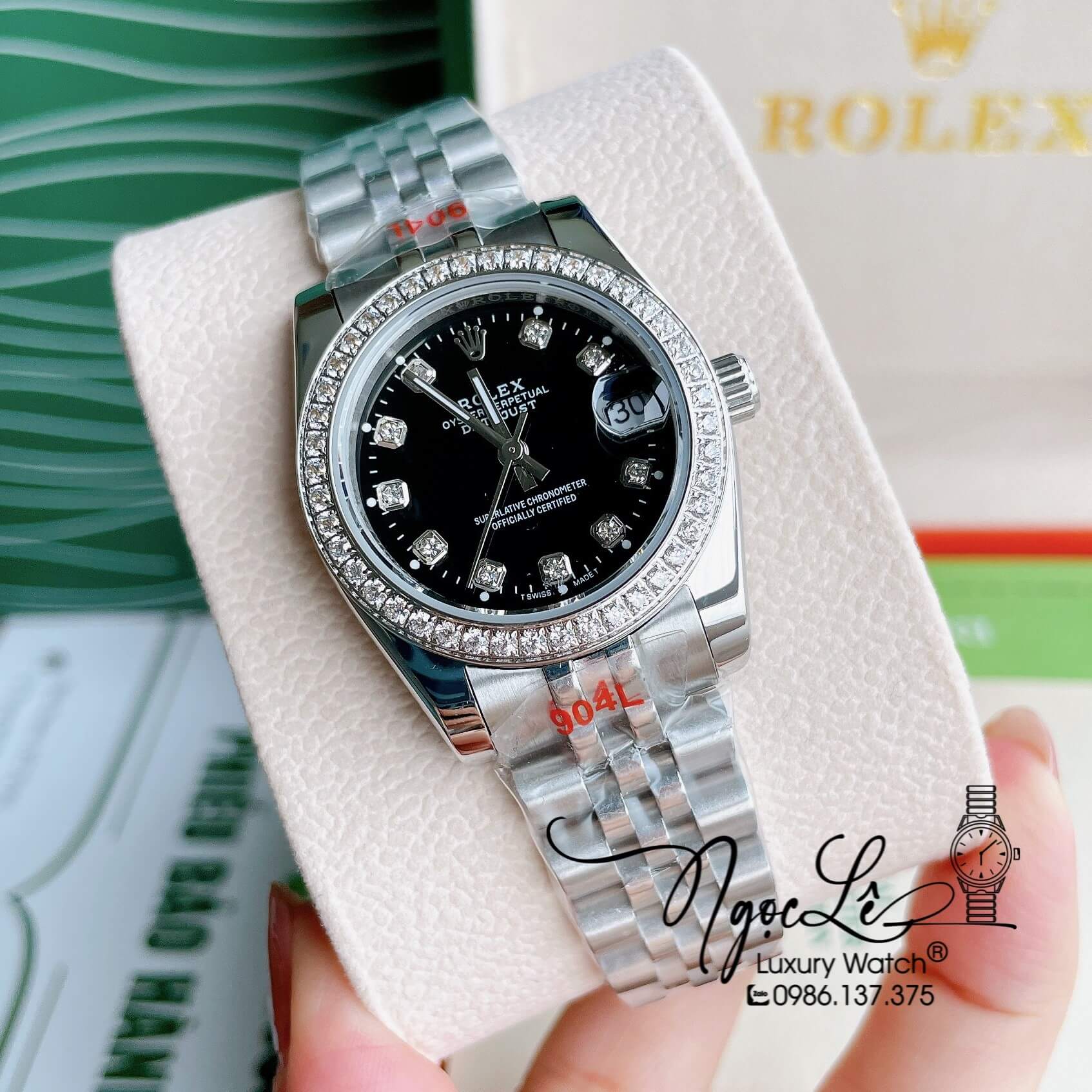 Đồng Hồ Nữ Rolex Datejust Pin Màu Bạc Mặt Đen Đính Đá Size 32mm