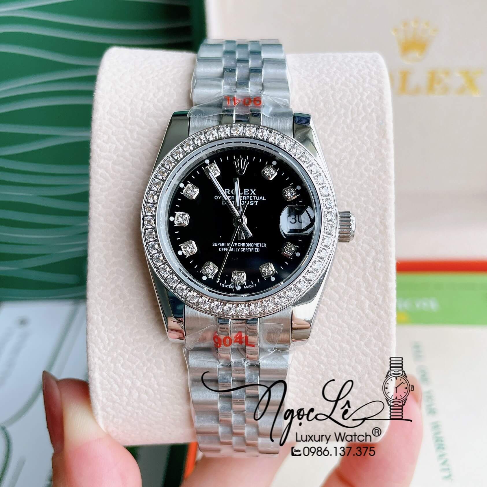 Đồng Hồ Nữ Rolex Datejust Pin Màu Bạc Mặt Đen Đính Đá Size 32mm