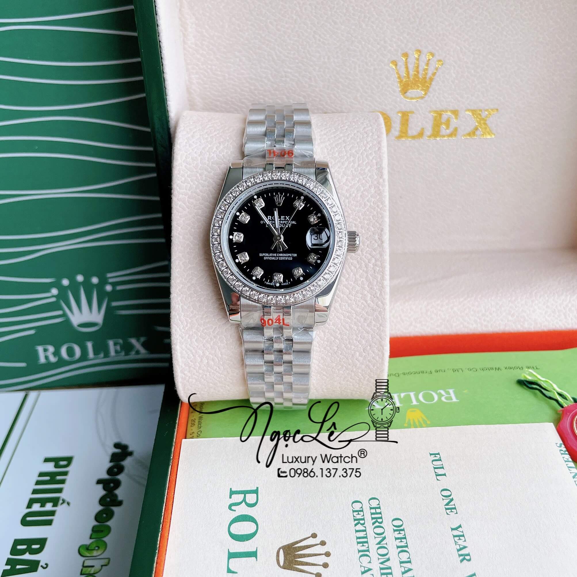 Đồng Hồ Nữ Rolex Datejust Pin Màu Bạc Mặt Đen Đính Đá Size 32mm