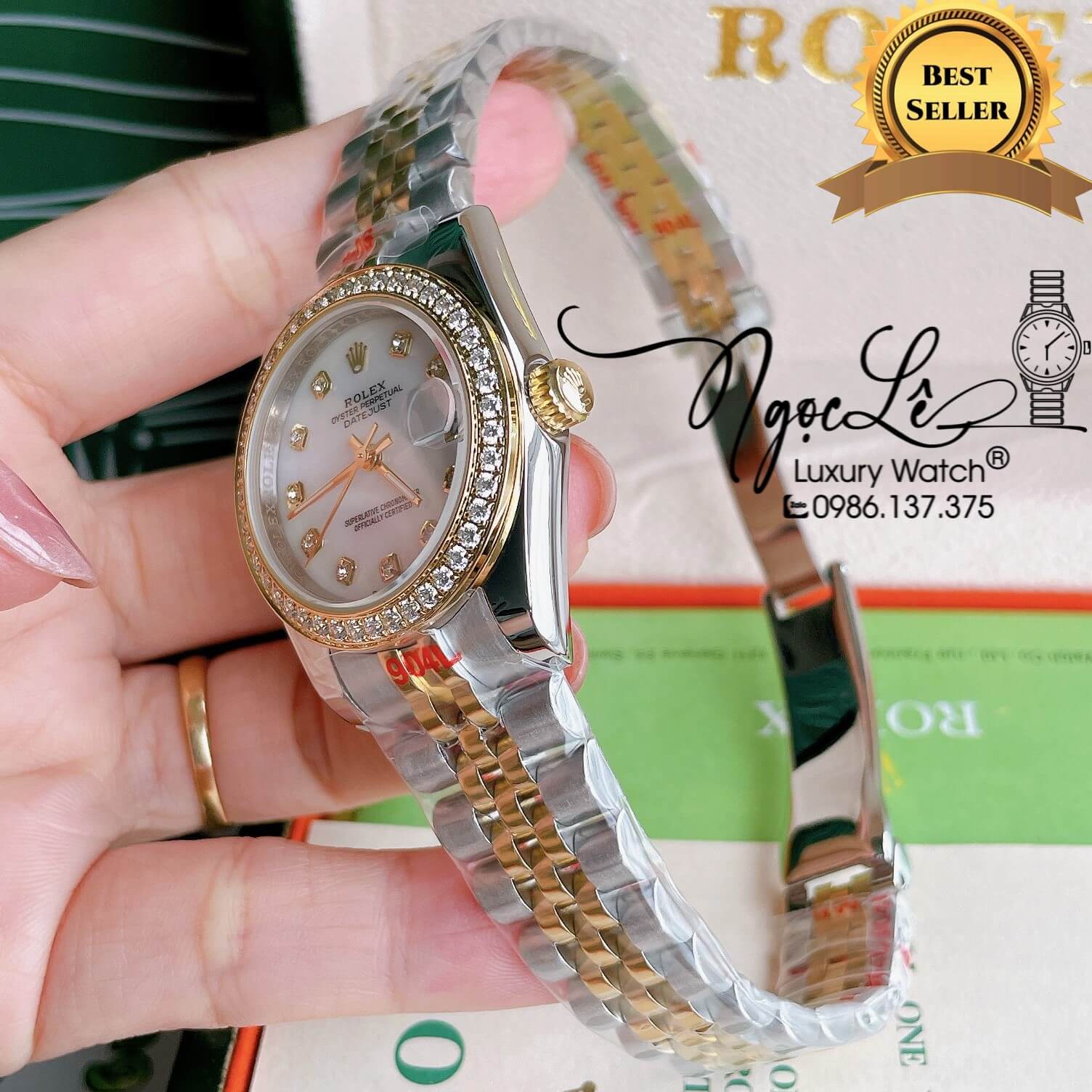 Đồng Hồ Nữ Rolex Datejust Pin Màu Demi Vàng Mặt Trắng Xà Cừ Đính Đá Size 32mm