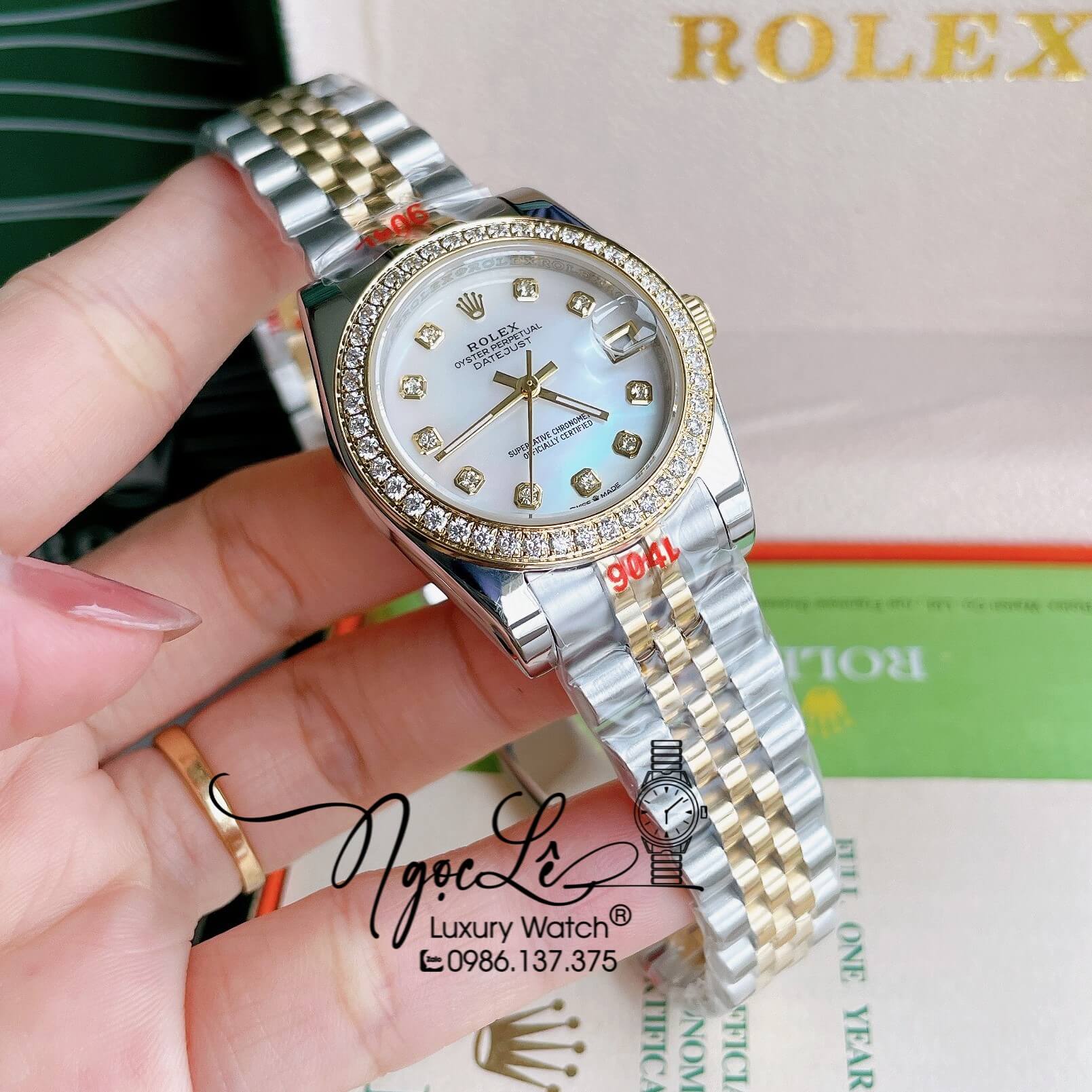 Đồng Hồ Nữ Rolex Datejust Pin Màu Demi Vàng Mặt Trắng Xà Cừ Đính Đá Size 32mm