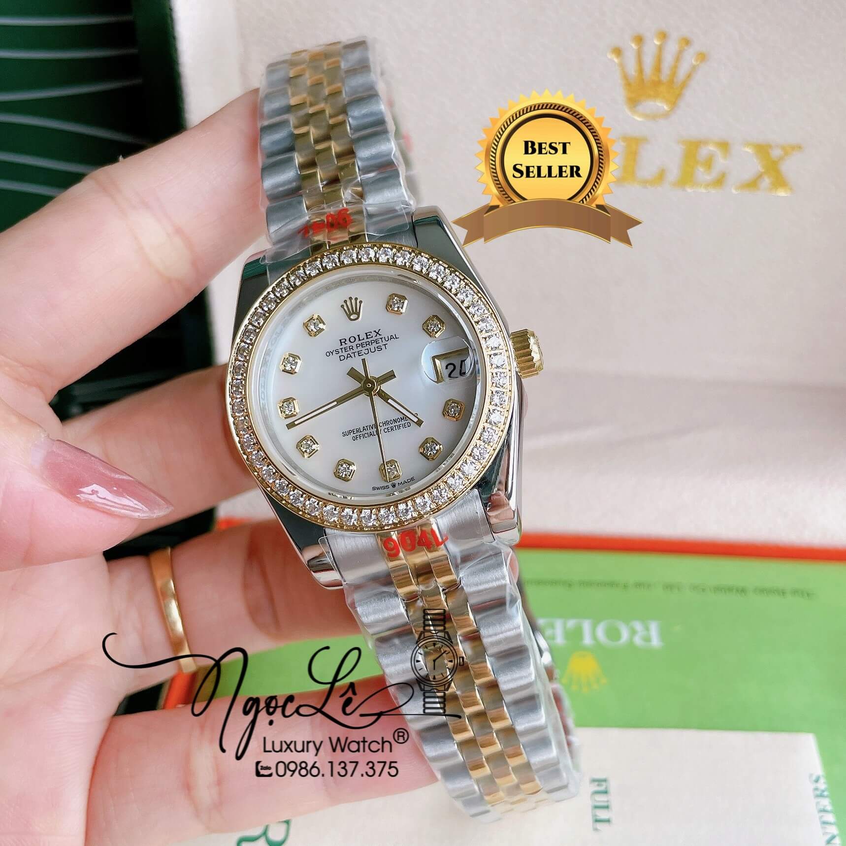 Đồng Hồ Nữ Rolex Datejust Pin Màu Demi Vàng Mặt Trắng Xà Cừ Đính Đá Size 32mm