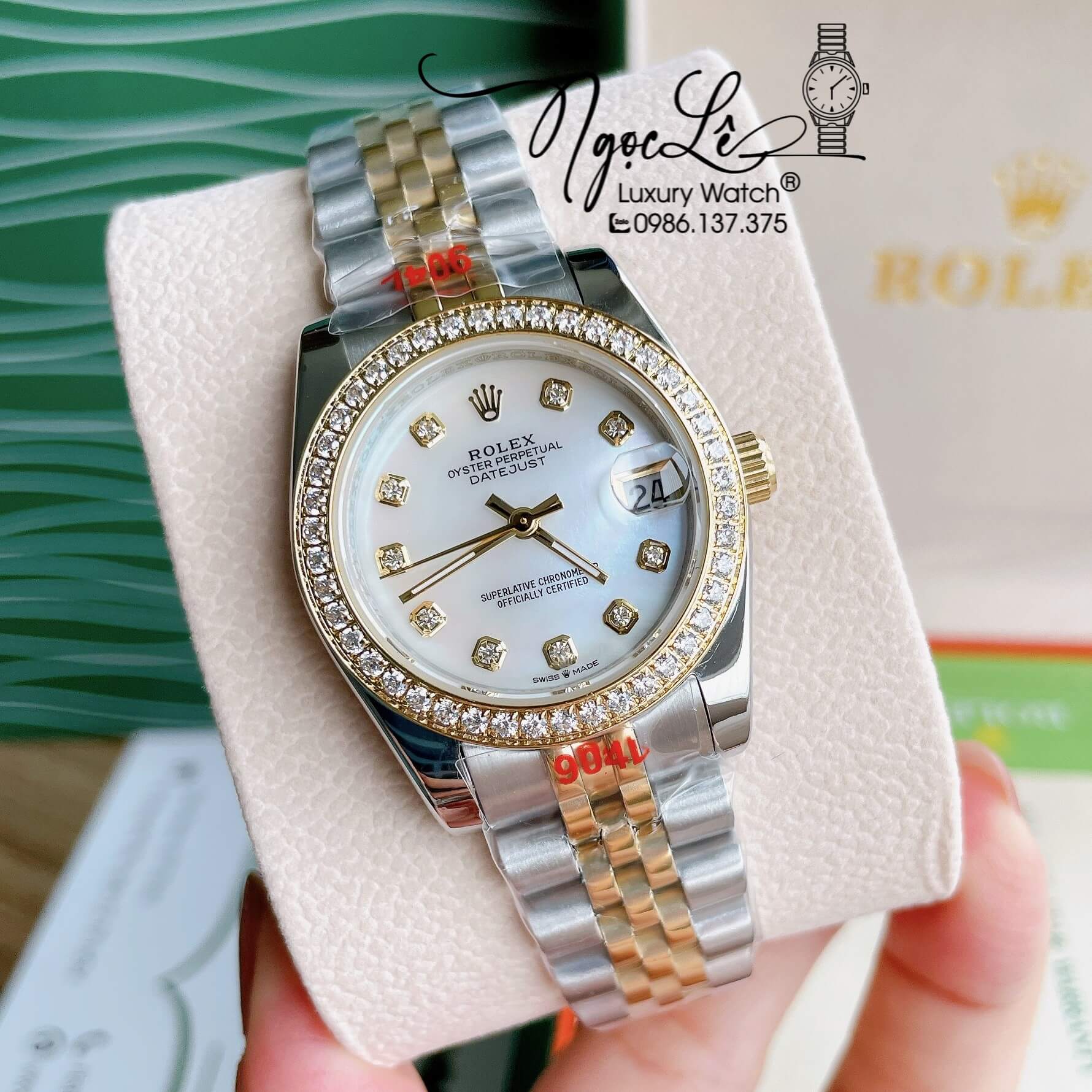 Đồng Hồ Nữ Rolex Datejust Pin Màu Demi Vàng Mặt Trắng Xà Cừ Đính Đá Size 32mm