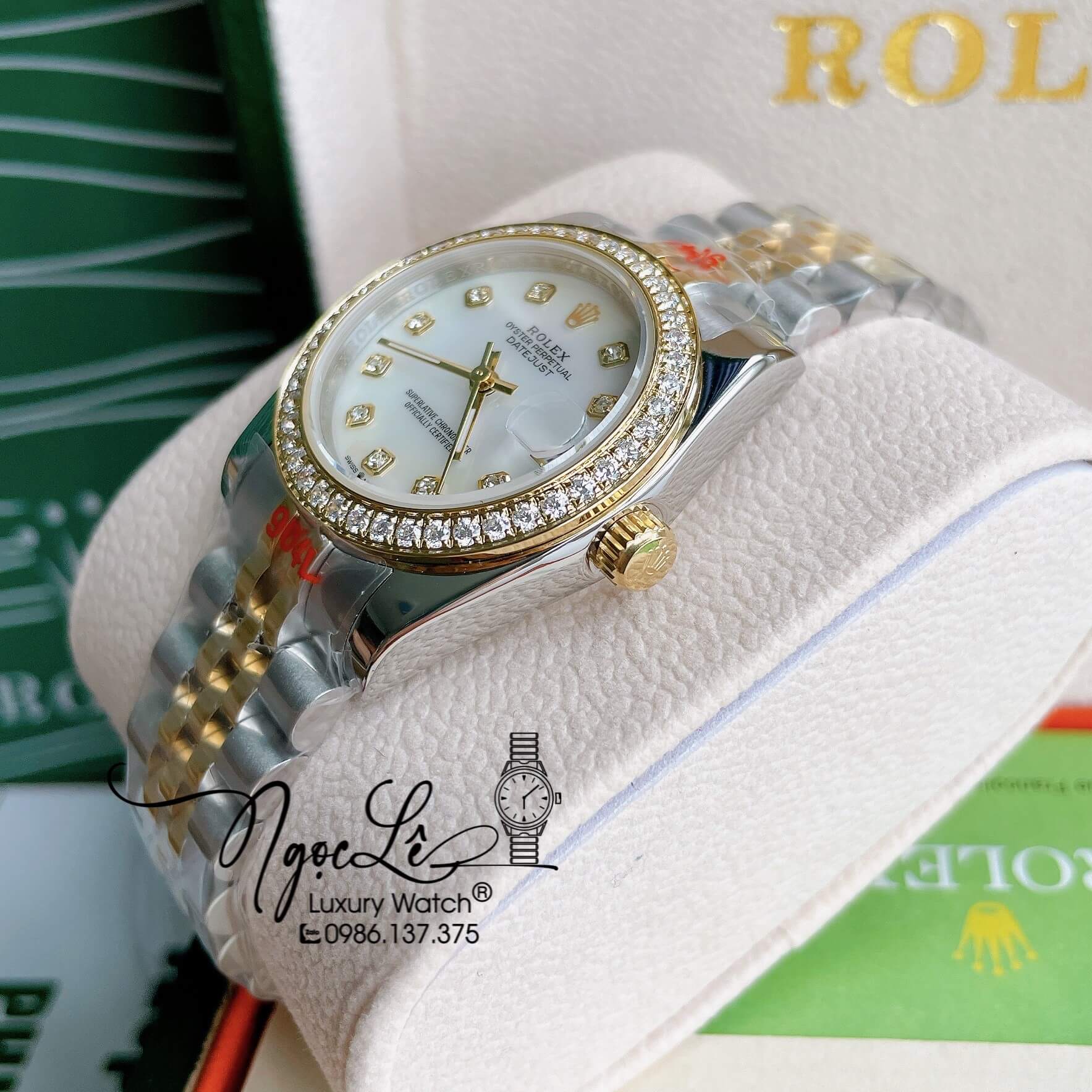 Đồng Hồ Nữ Rolex Datejust Pin Màu Demi Vàng Mặt Trắng Xà Cừ Đính Đá Size 32mm