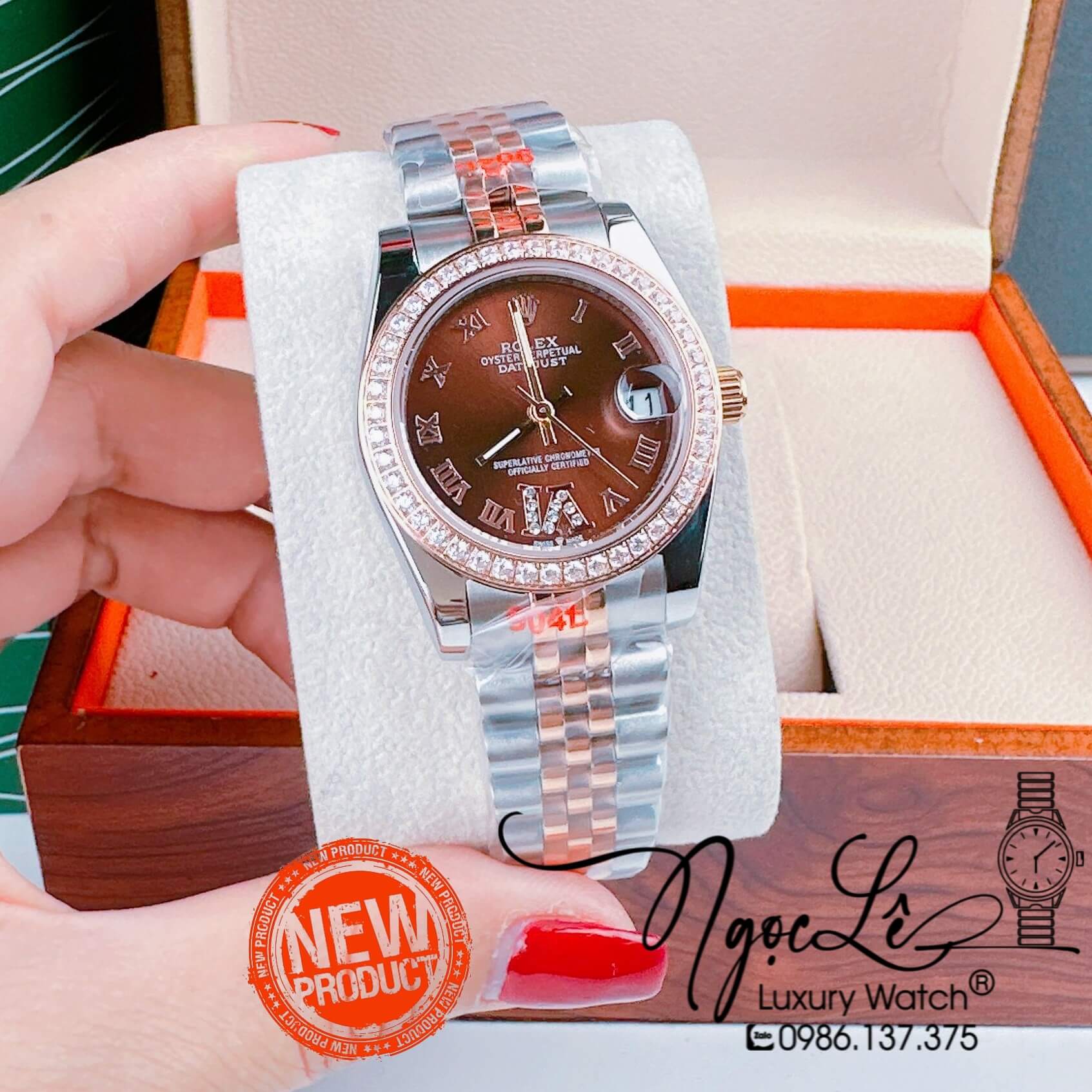 Đồng Hồ Nữ Rolex Datejust Pin Màu Demi Rose Mặt Nâu Đính Đá Size 32mm