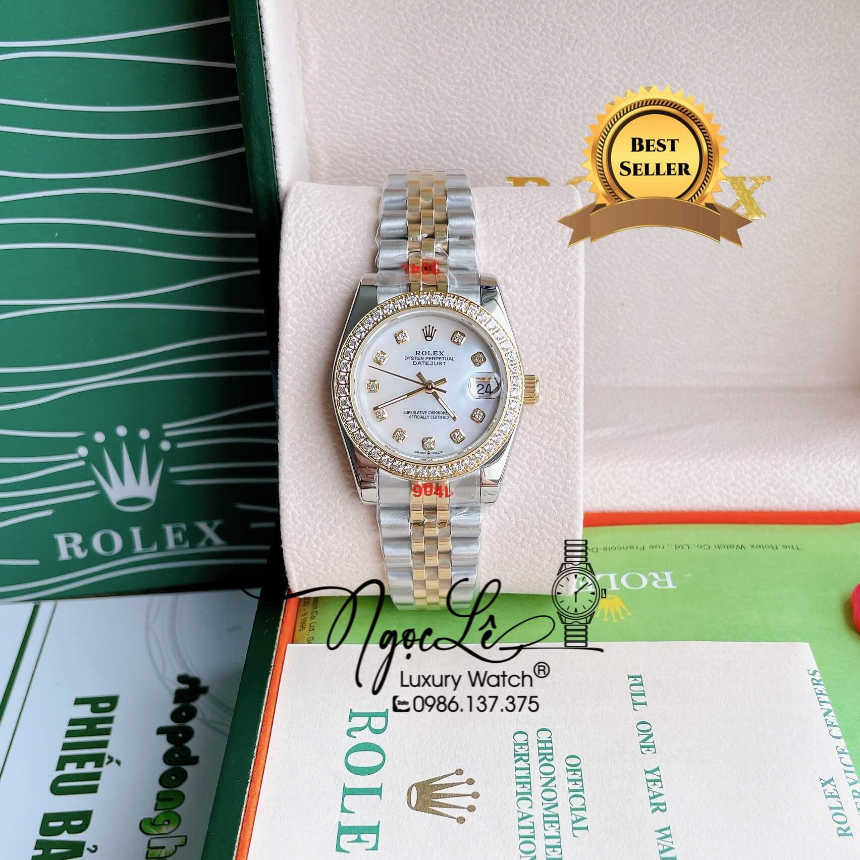 Đồng Hồ Nữ Rolex Datejust Pin Màu Demi Vàng Mặt Trắng Xà Cừ Đính Đá Size 32mm