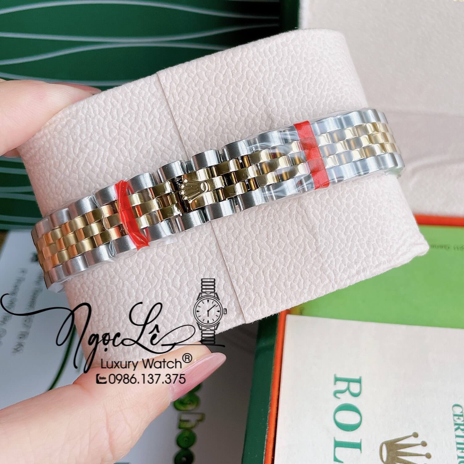 Đồng Hồ Nữ Rolex Datejust Pin Màu Demi Vàng Mặt Trắng Xà Cừ Đính Đá Size 32mm