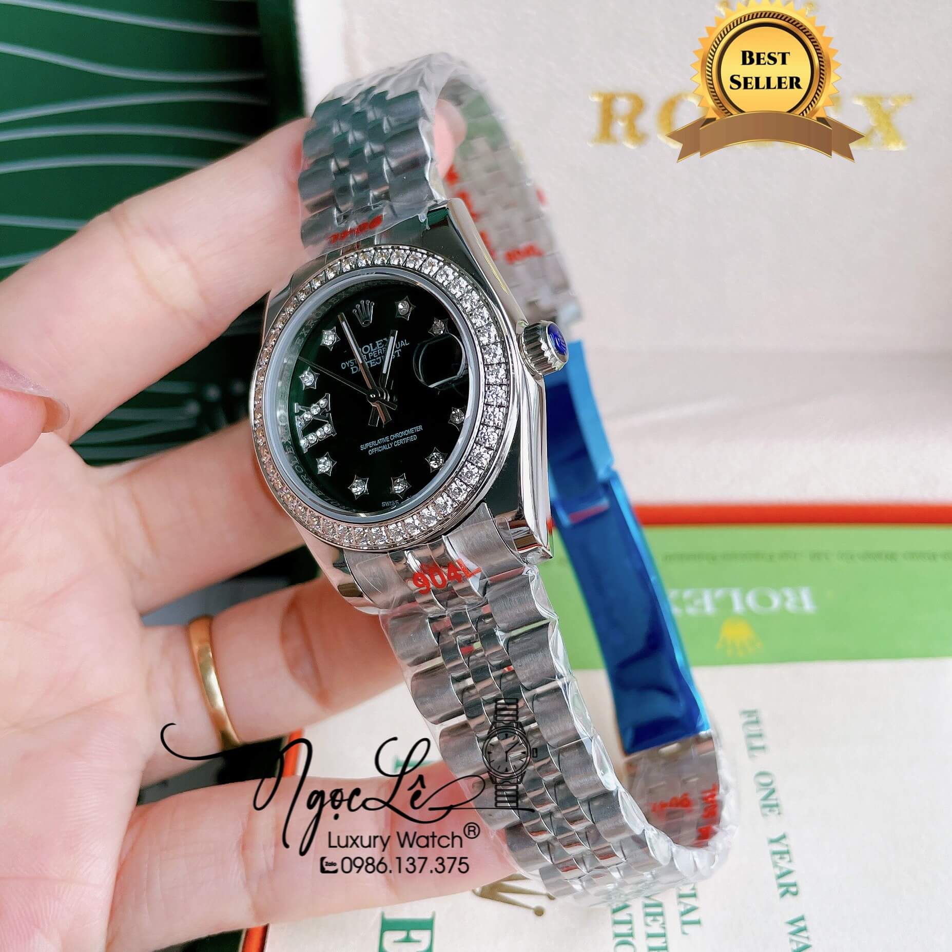 Đồng Hồ Nữ Rolex Datejust Pin Màu Bạc Mặt Xanh Oliu Đính Đá Size 32mm