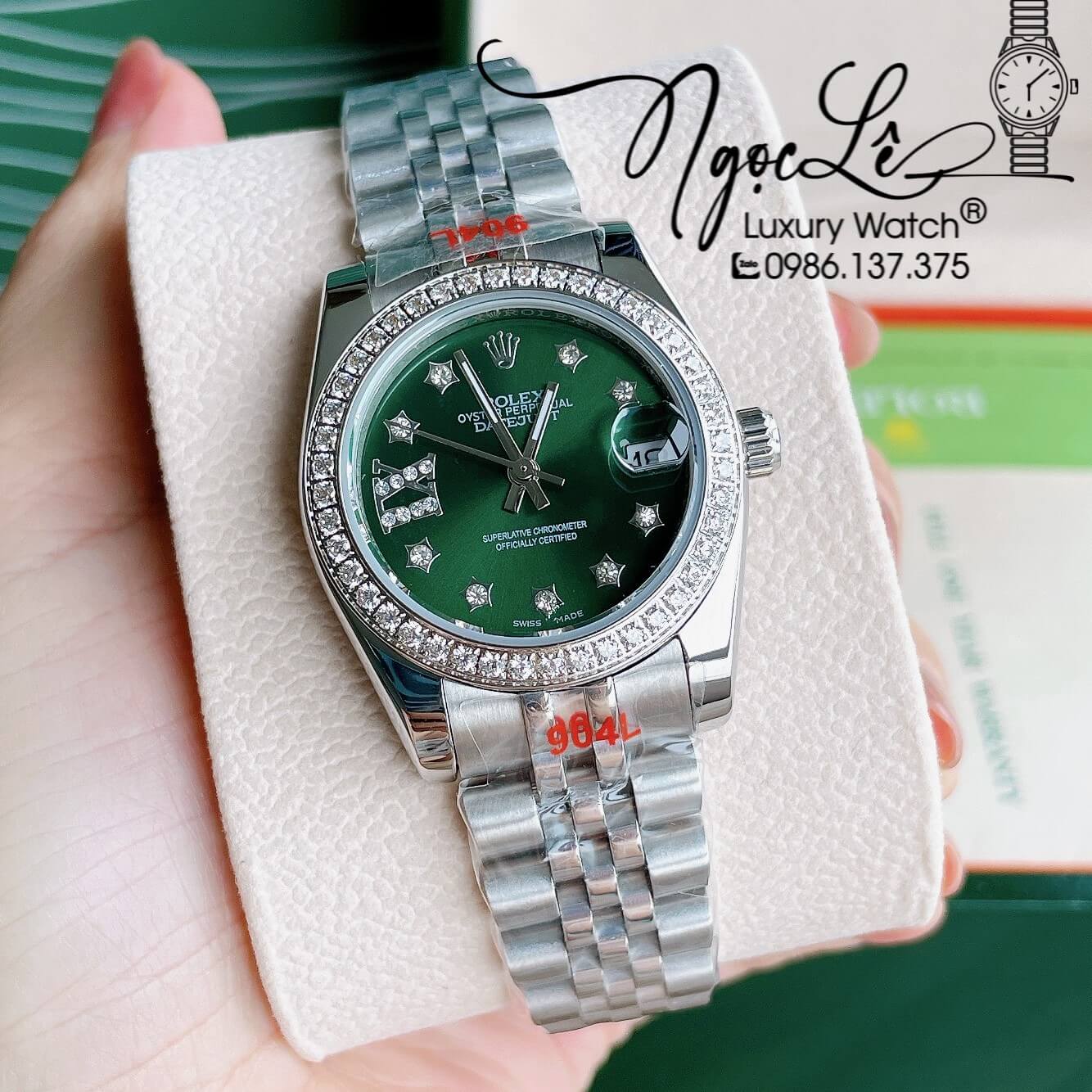 Đồng Hồ Nữ Rolex Datejust Pin Màu Bạc Mặt Xanh Oliu Đính Đá Size 32mm