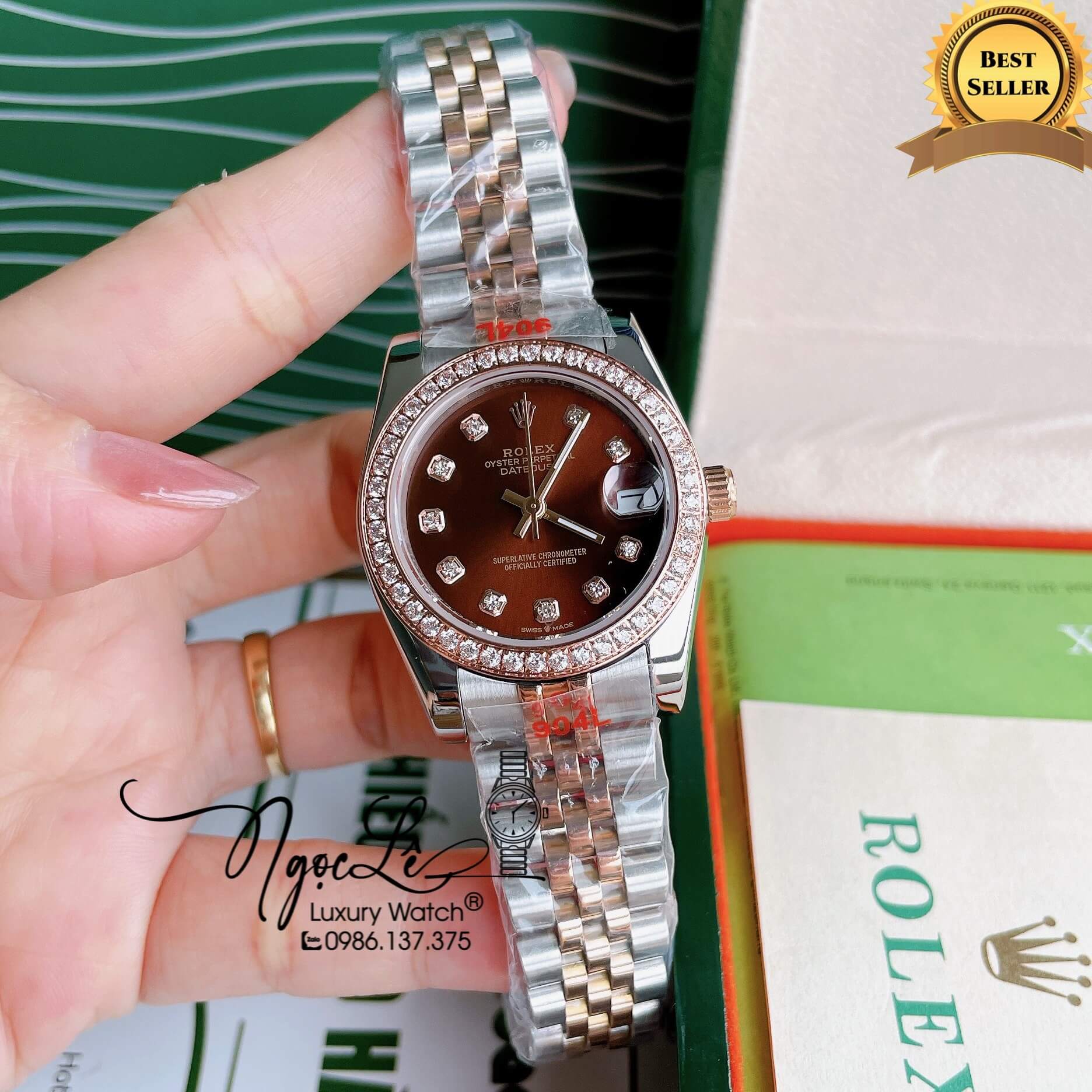 Đồng Hồ Nữ Rolex Datejust Pin Màu Demi Rose Mặt Nâu Đính Đá Size 32mm