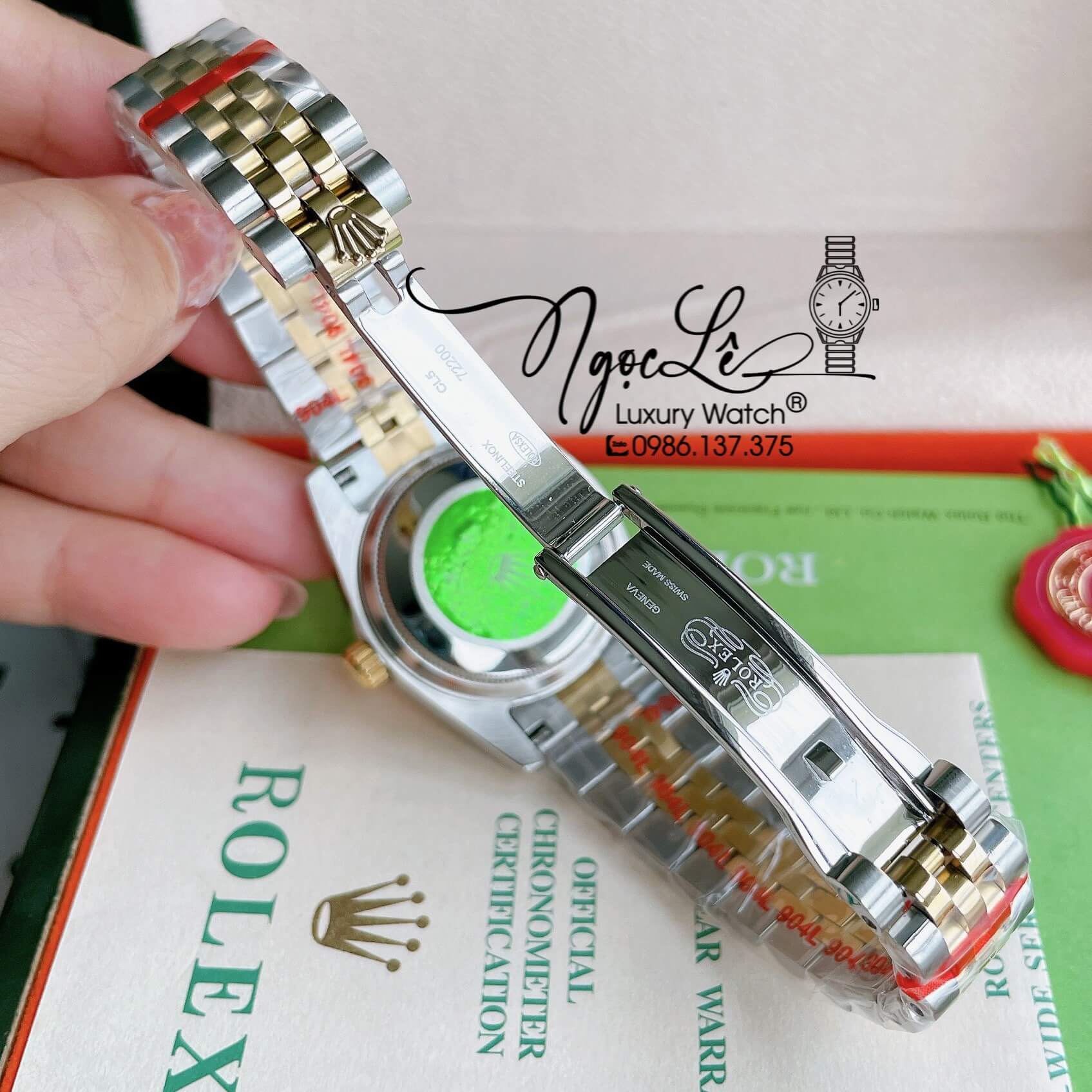 Đồng Hồ Nữ Rolex Datejust Pin Màu Demi Vàng Mặt Đen Rêu Đính Đá Size 32mm