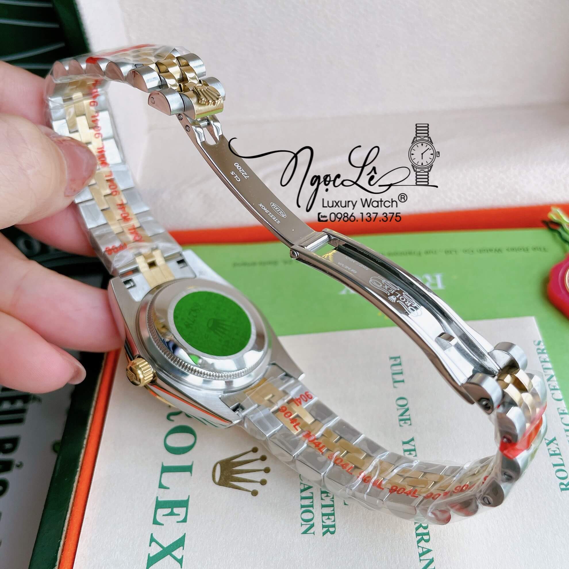 Đồng Hồ Nữ Rolex Datejust Pin Màu Demi Vàng Mặt Đen Rêu Đính Đá Size 32mm