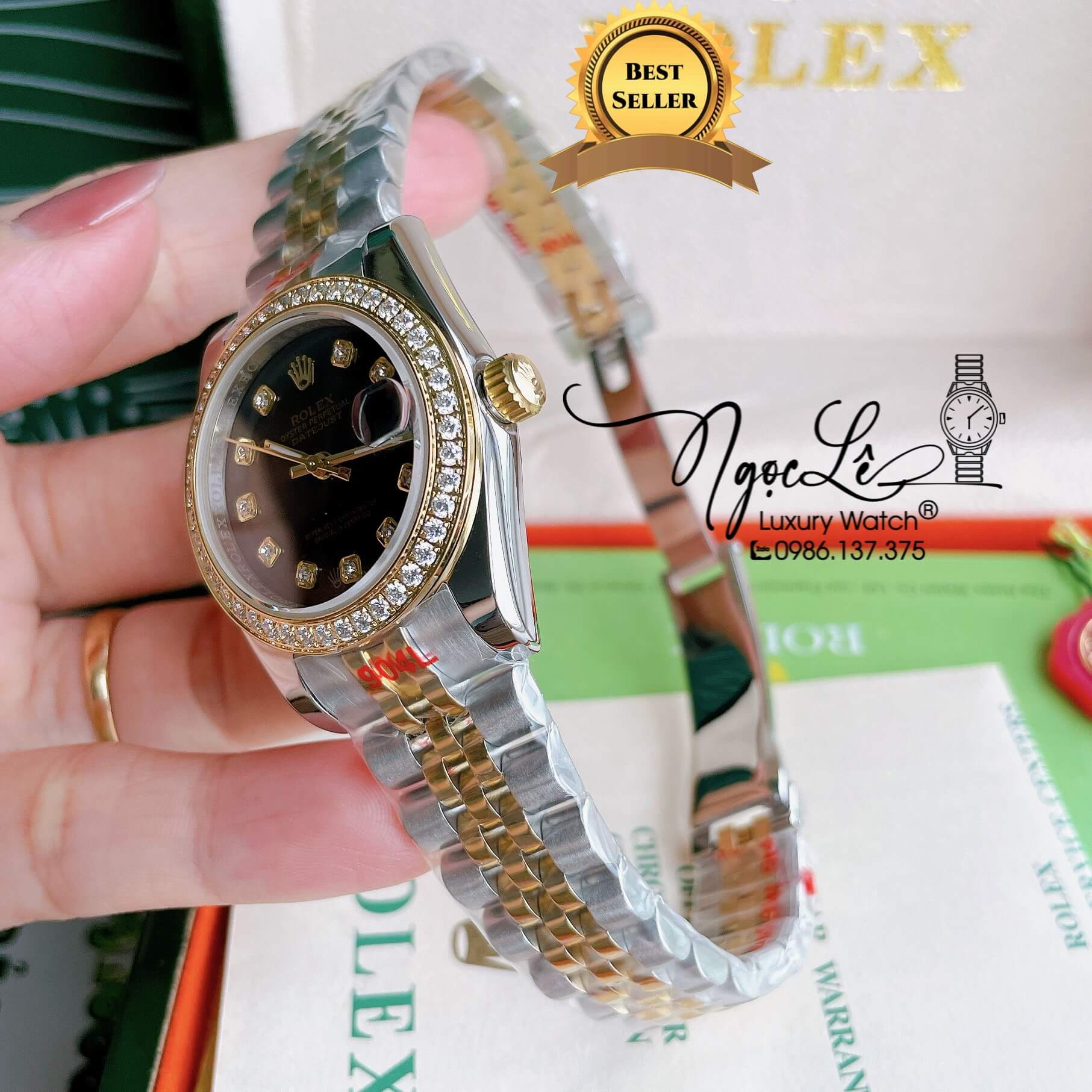 Đồng Hồ Nữ Rolex Datejust Pin Màu Demi Vàng Mặt Đen Rêu Đính Đá Size 32mm