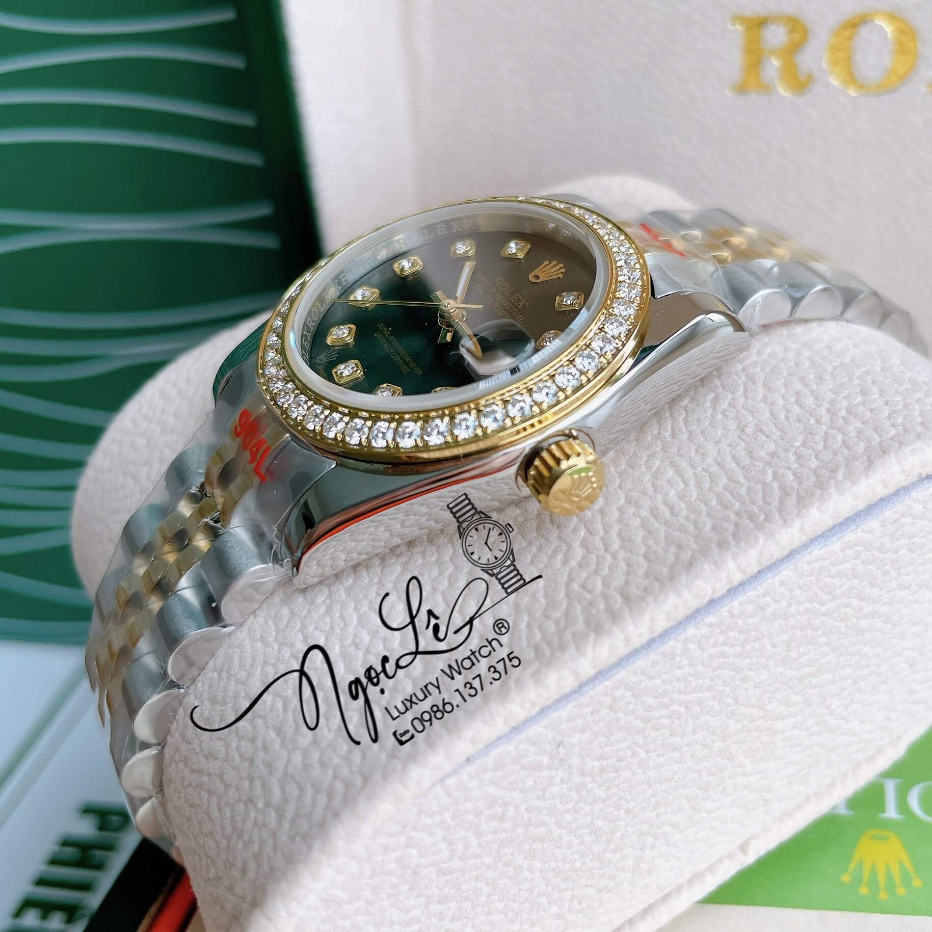 Đồng Hồ Nữ Rolex Datejust Pin Màu Demi Vàng Mặt Đen Rêu Đính Đá Size 32mm