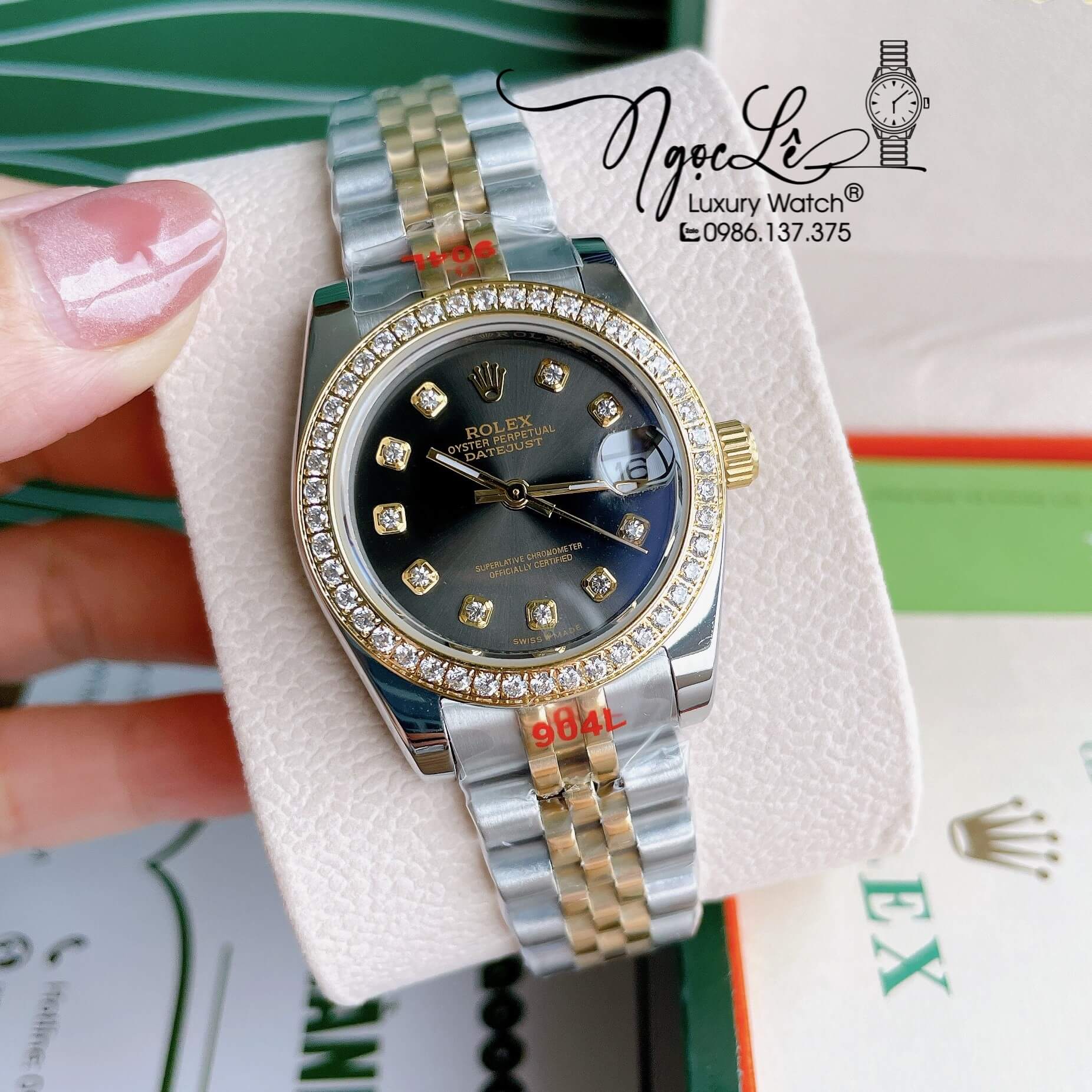 Đồng Hồ Nữ Rolex Datejust Pin Màu Demi Vàng Mặt Đen Rêu Đính Đá Size 32mm