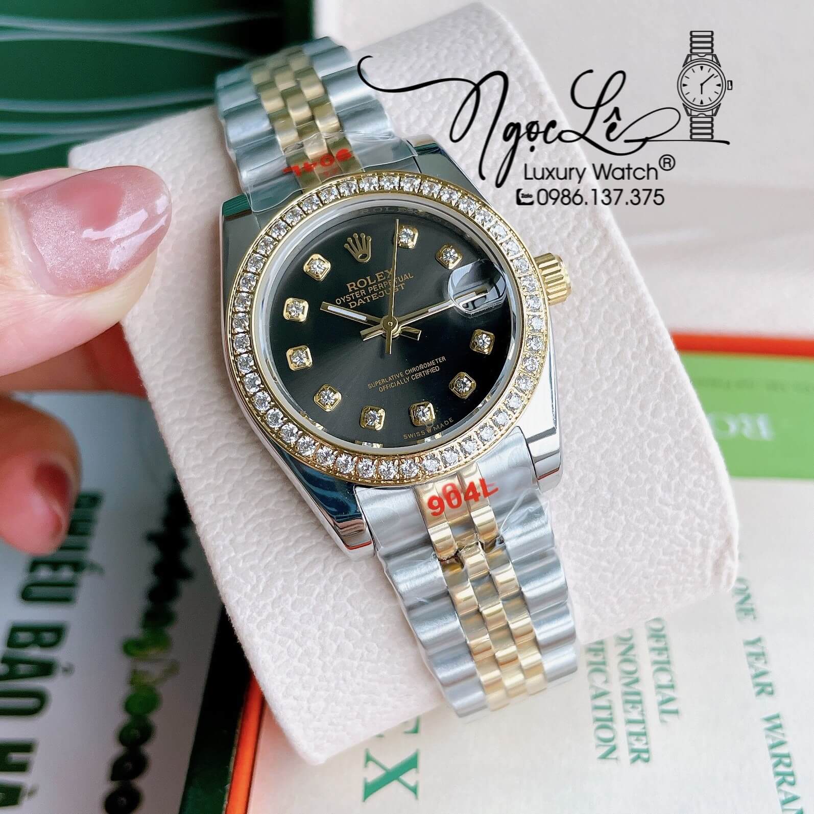 Đồng Hồ Nữ Rolex Datejust Pin Màu Demi Vàng Mặt Đen Rêu Đính Đá Size 32mm
