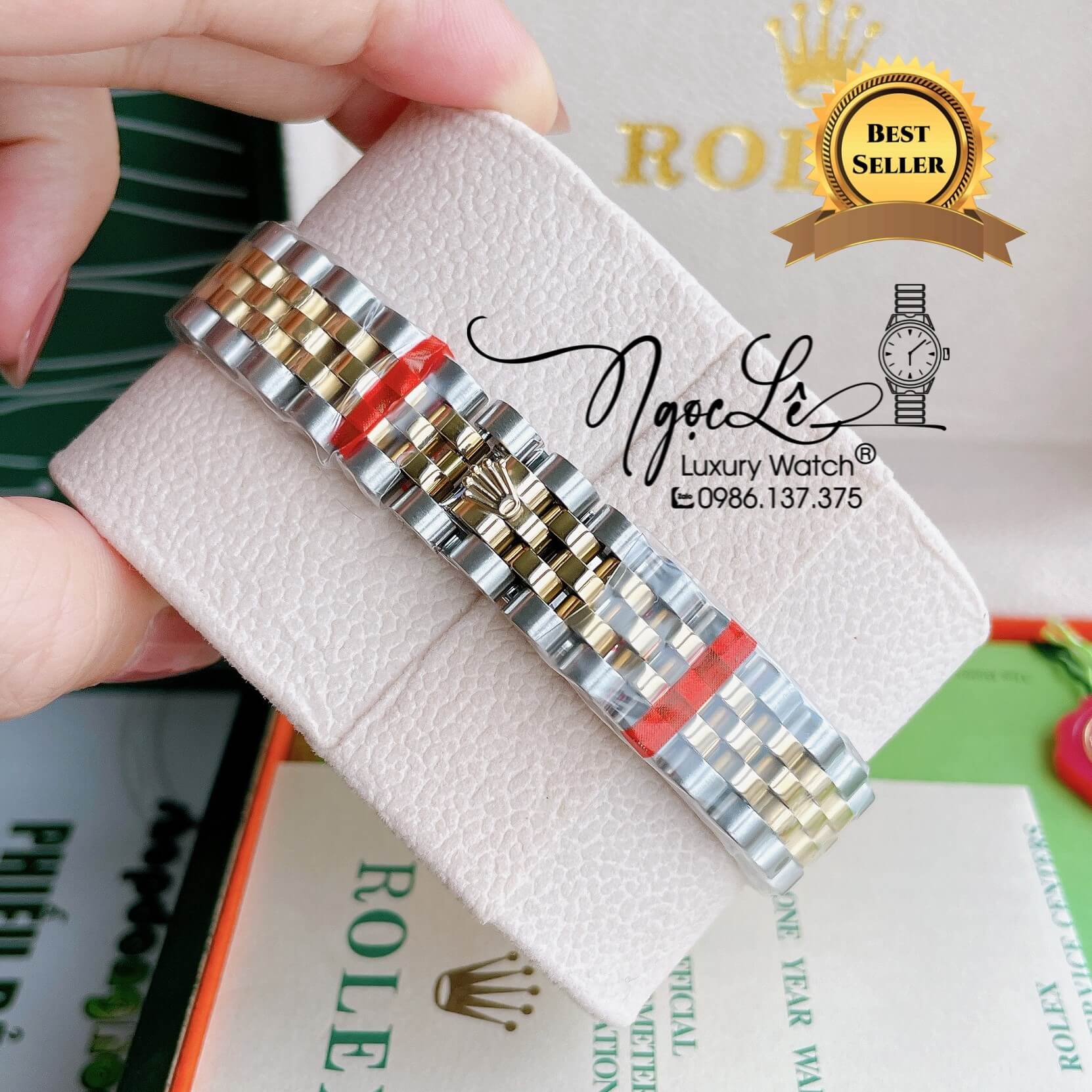 Đồng Hồ Nữ Rolex Datejust Pin Màu Demi Vàng Mặt Đen Rêu Đính Đá Size 32mm