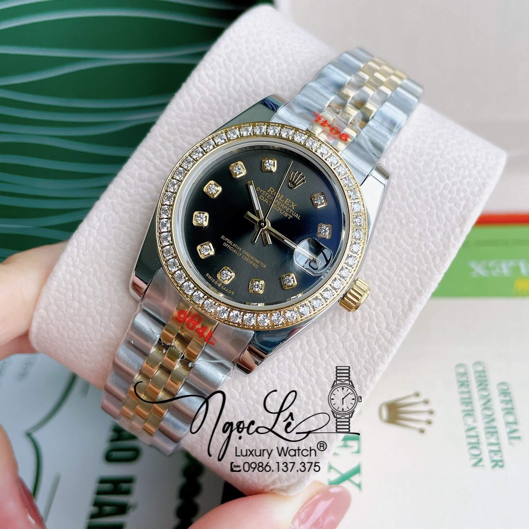 Đồng Hồ Nữ Rolex Datejust Pin Màu Demi Vàng Mặt Đen Rêu Đính Đá Size 32mm