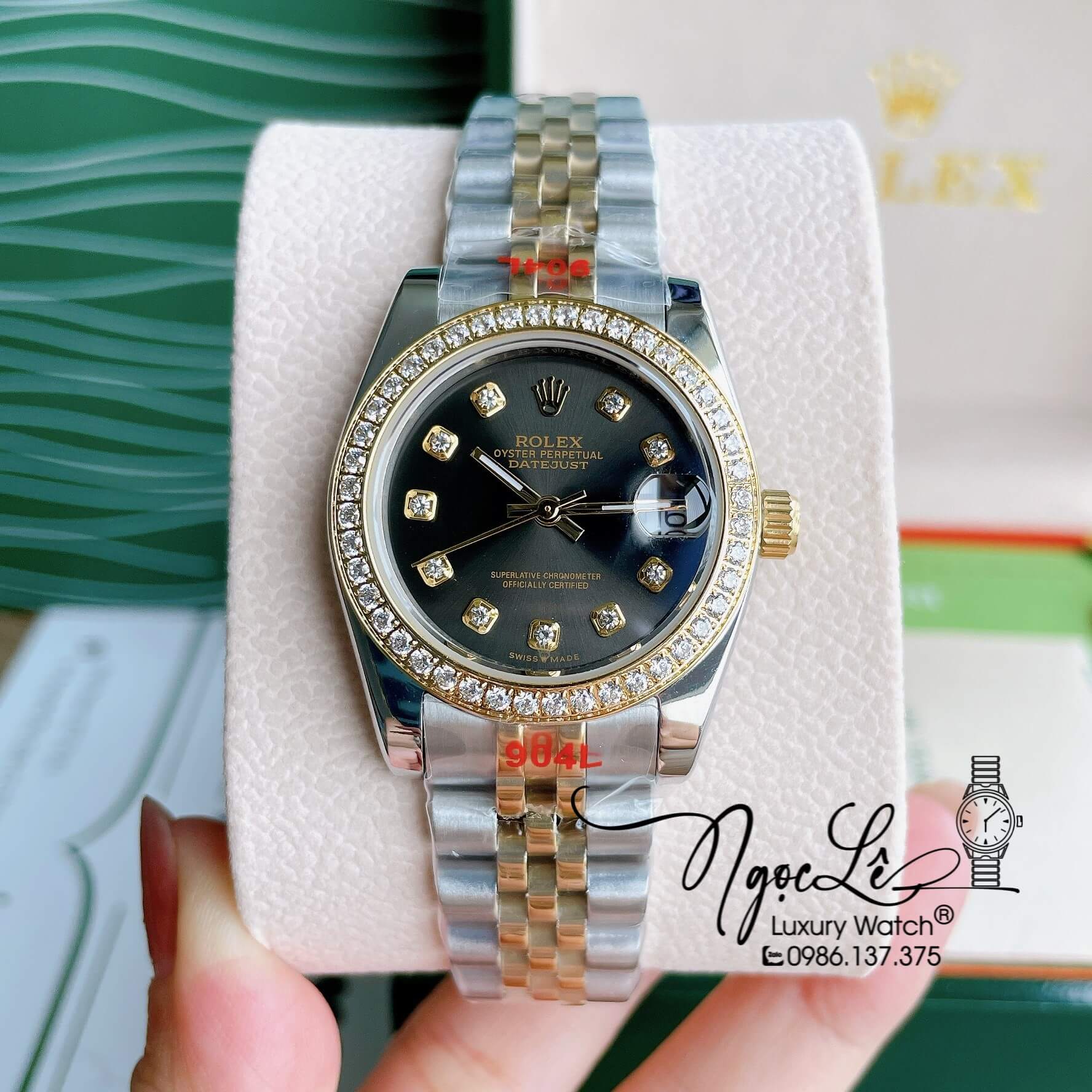 Đồng Hồ Nữ Rolex Datejust Pin Màu Demi Vàng Mặt Đen Rêu Đính Đá Size 32mm