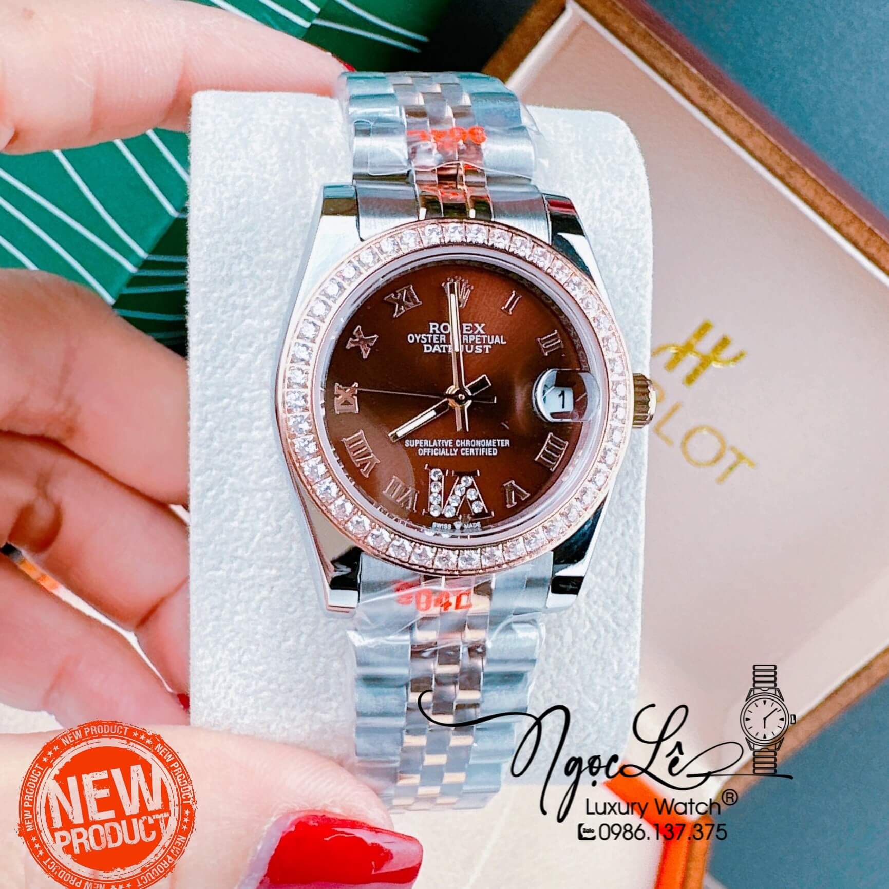 Đồng Hồ Nữ Rolex Datejust Pin Màu Demi Rose Mặt Nâu Đính Đá Size 32mm