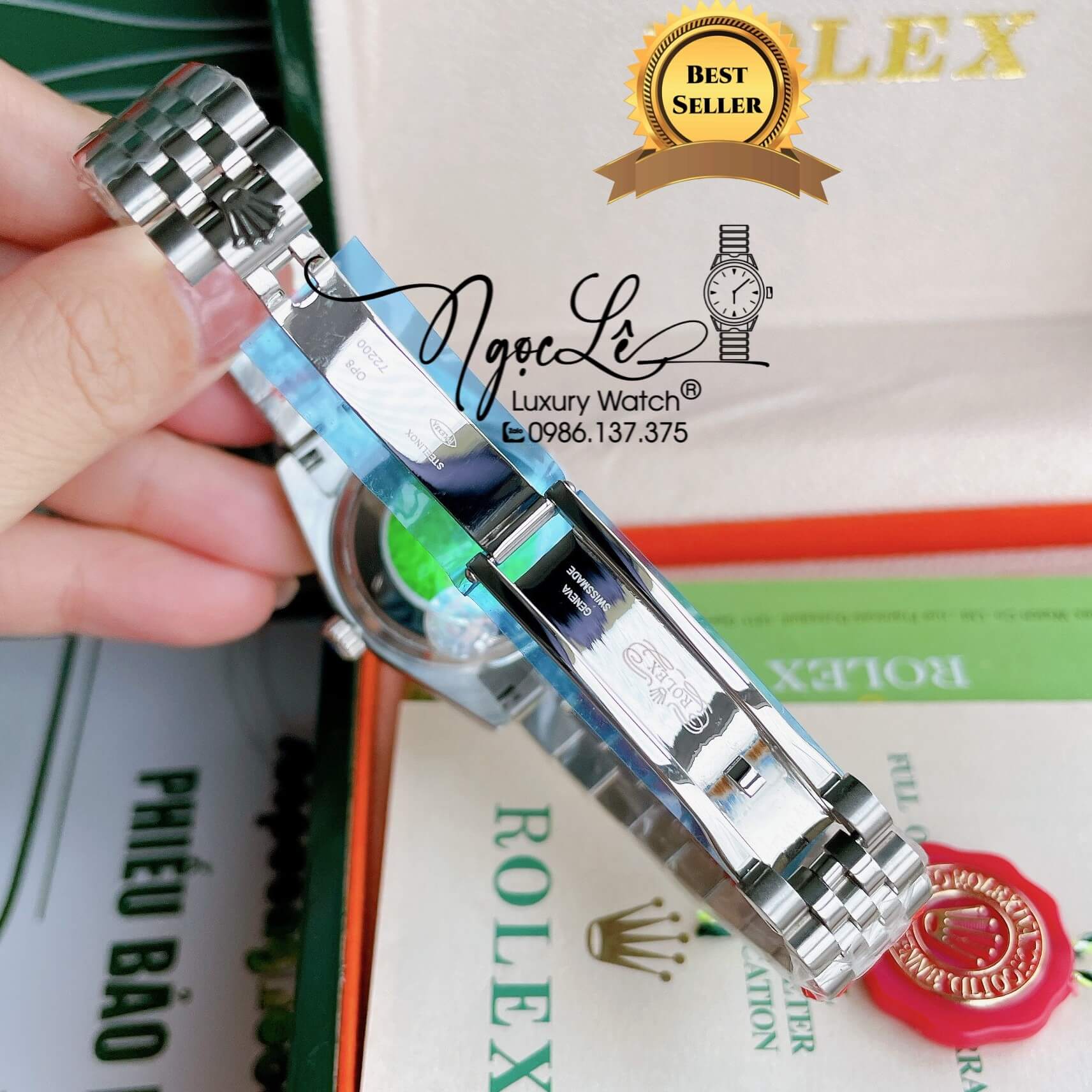 Đồng Hồ Nữ Rolex Datejust Pin Màu Bạc Mặt Xanh Coban Đính Đá Size 32mm Full Box