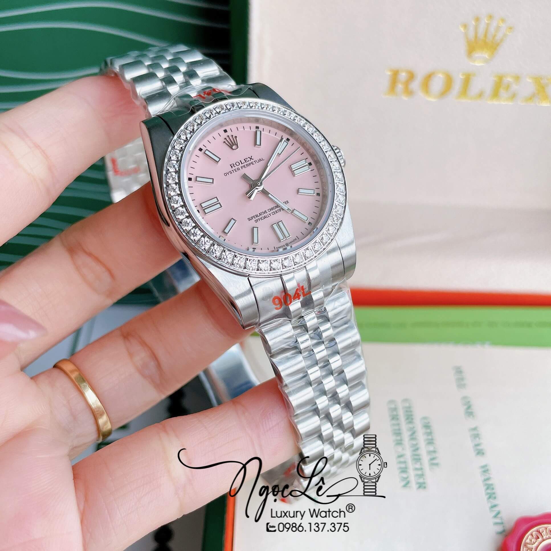 Đồng Hồ Nữ Rolex Datejust Pin Màu Bạc Mặt Hồng Đính Đá Size 32mm Full Box