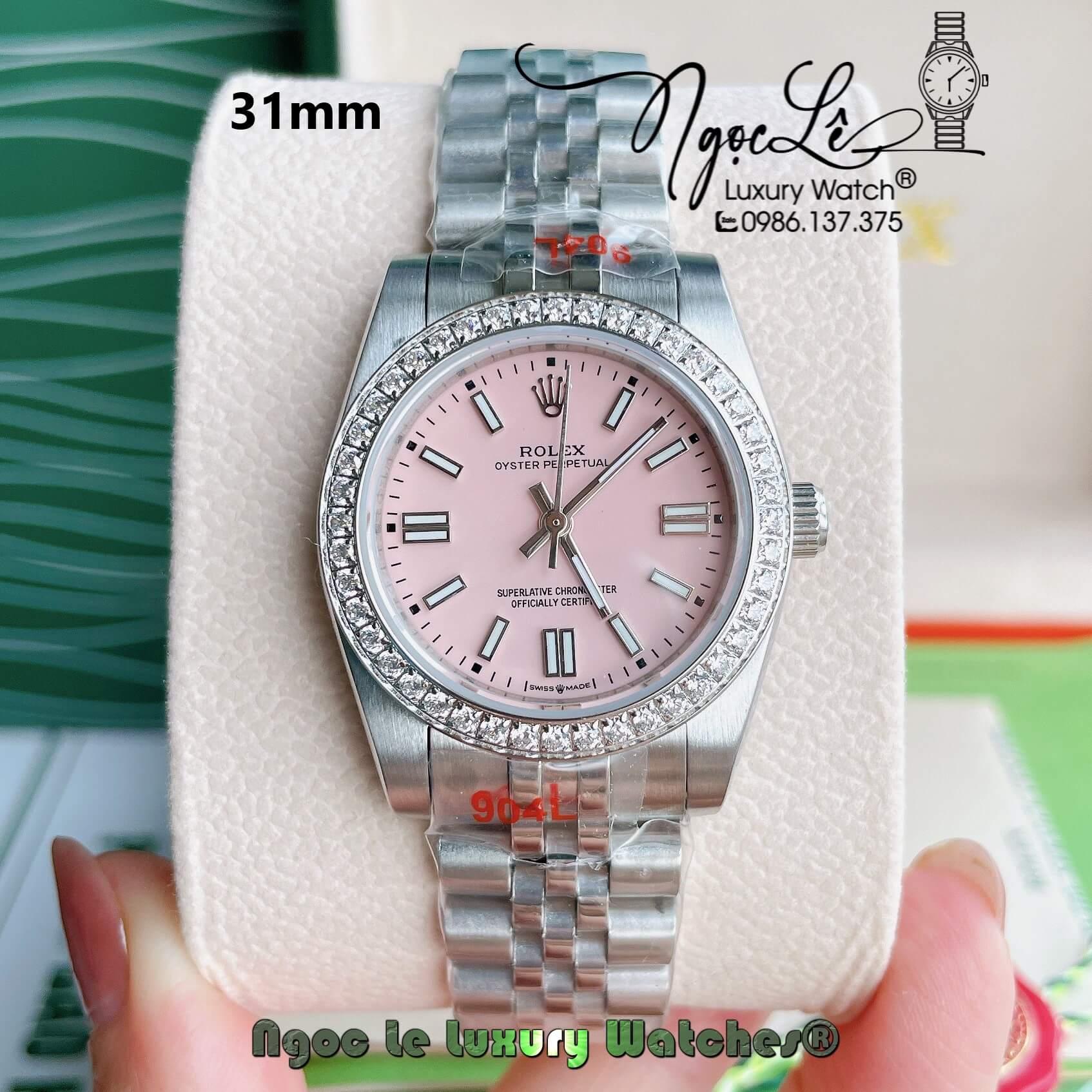 Đồng Hồ Nữ Rolex Datejust Pin Màu Bạc Mặt Hồng Đính Đá Size 32mm Full Box