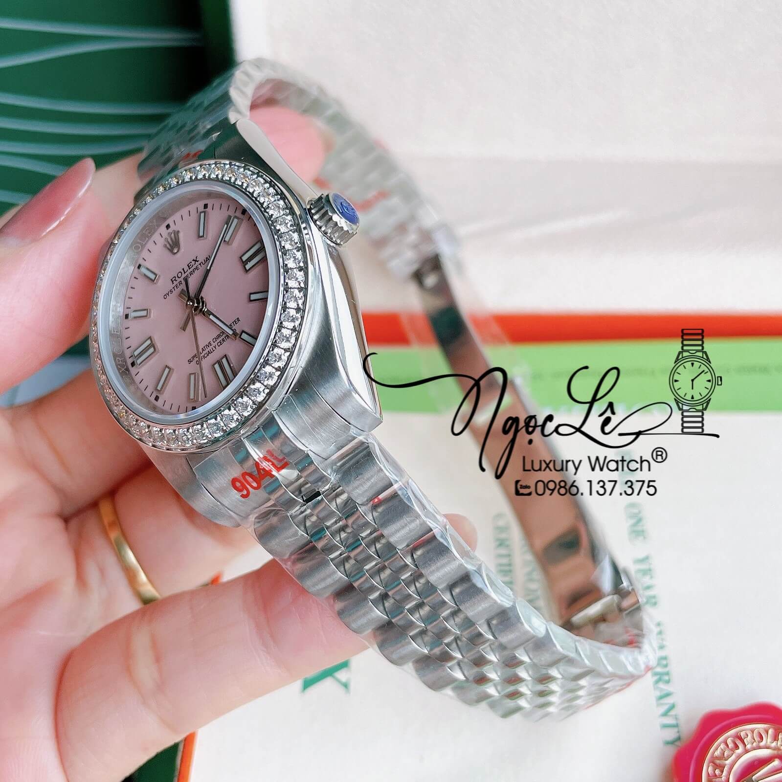 Đồng Hồ Nữ Rolex Datejust Pin Màu Bạc Mặt Hồng Đính Đá Size 32mm Full Box