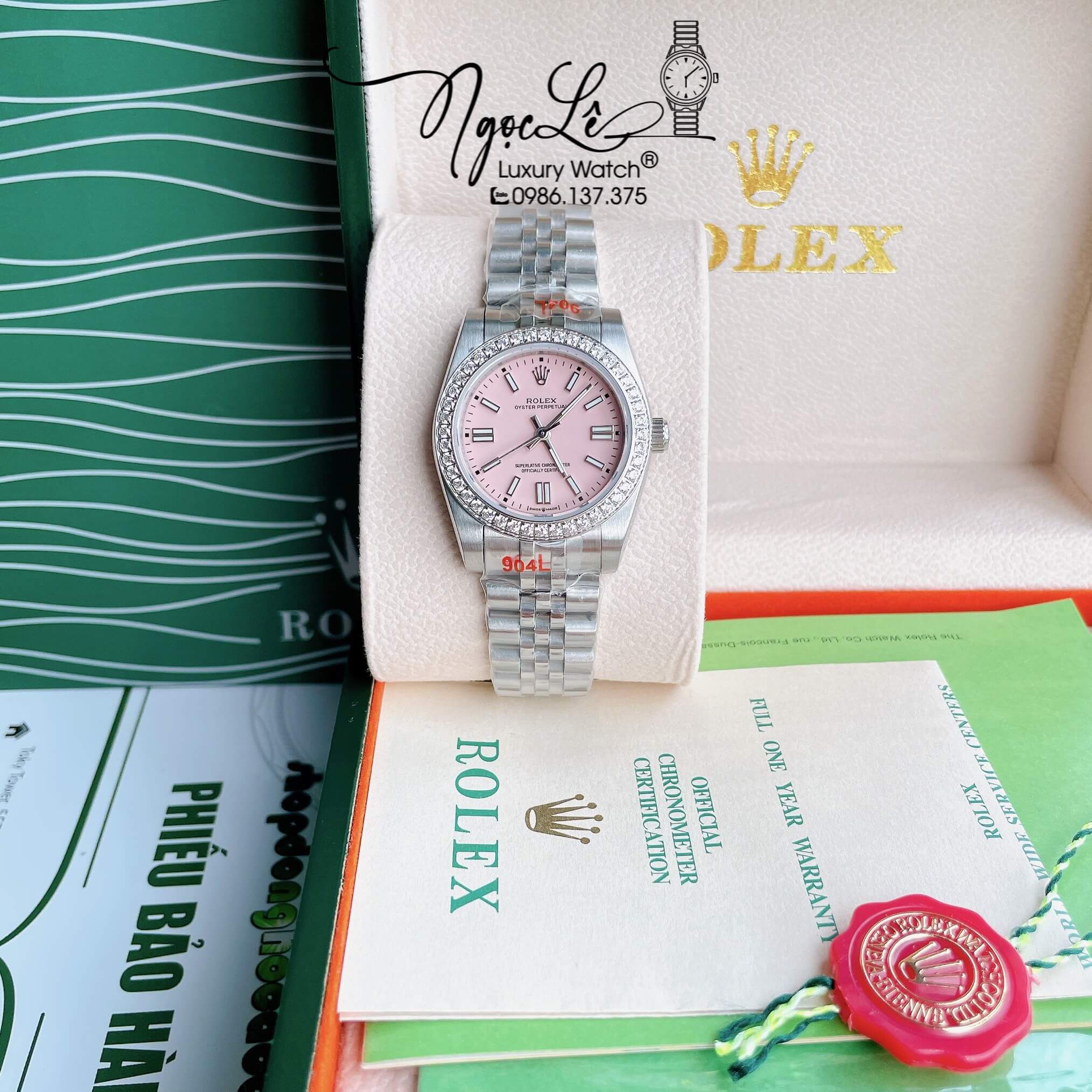 Đồng Hồ Nữ Rolex Datejust Pin Màu Bạc Mặt Hồng Đính Đá Size 32mm Full Box