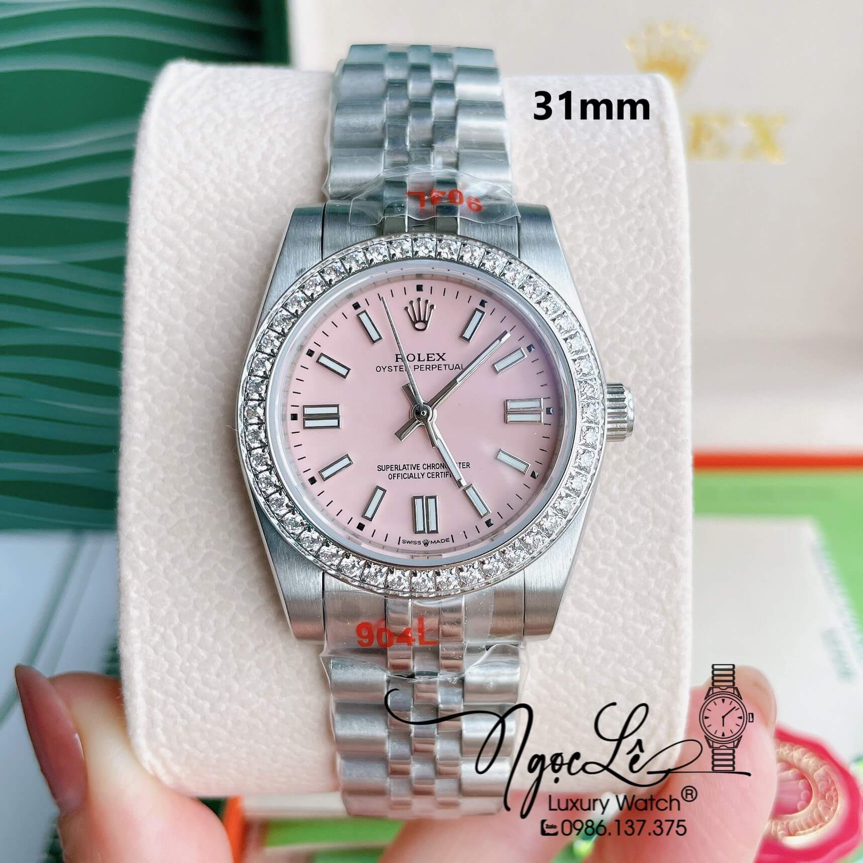 Đồng Hồ Nữ Rolex Datejust Pin Màu Bạc Mặt Hồng Đính Đá Size 32mm Full Box