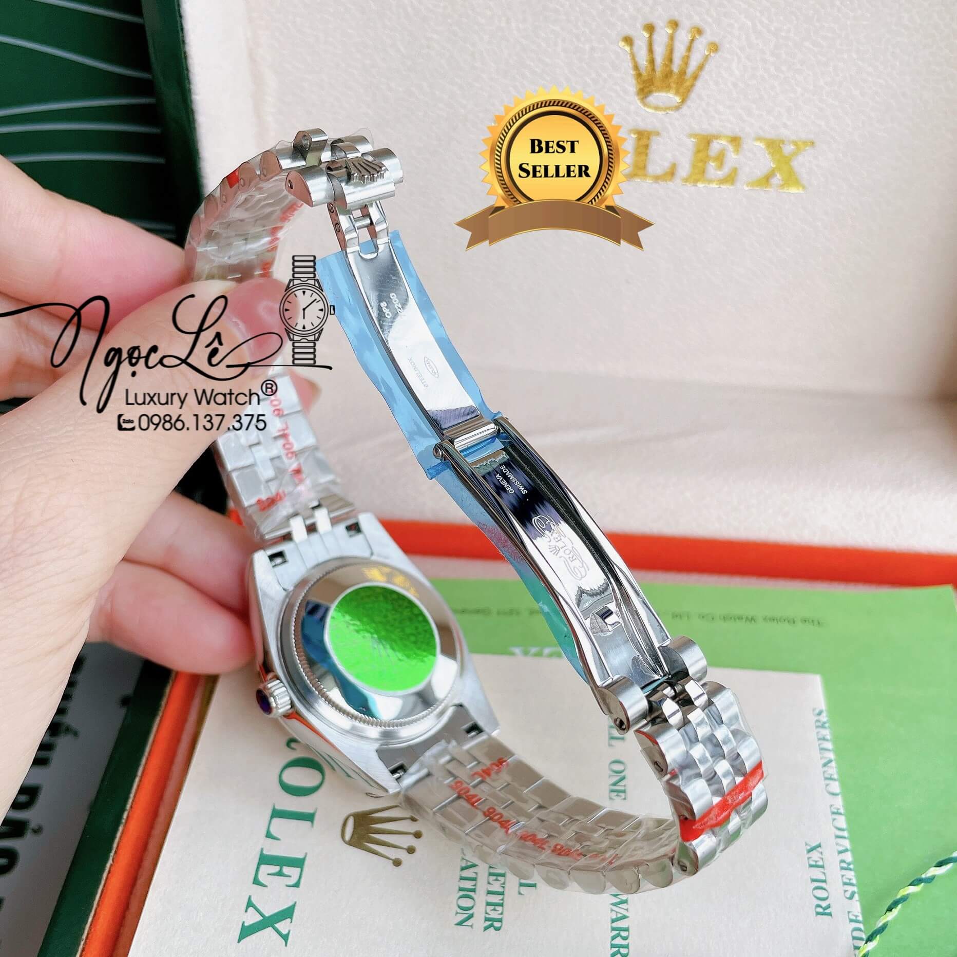 Đồng Hồ Nữ Rolex Datejust Pin Màu Bạc Mặt Xanh Rêu Đính Đá Size 32mm Full Box