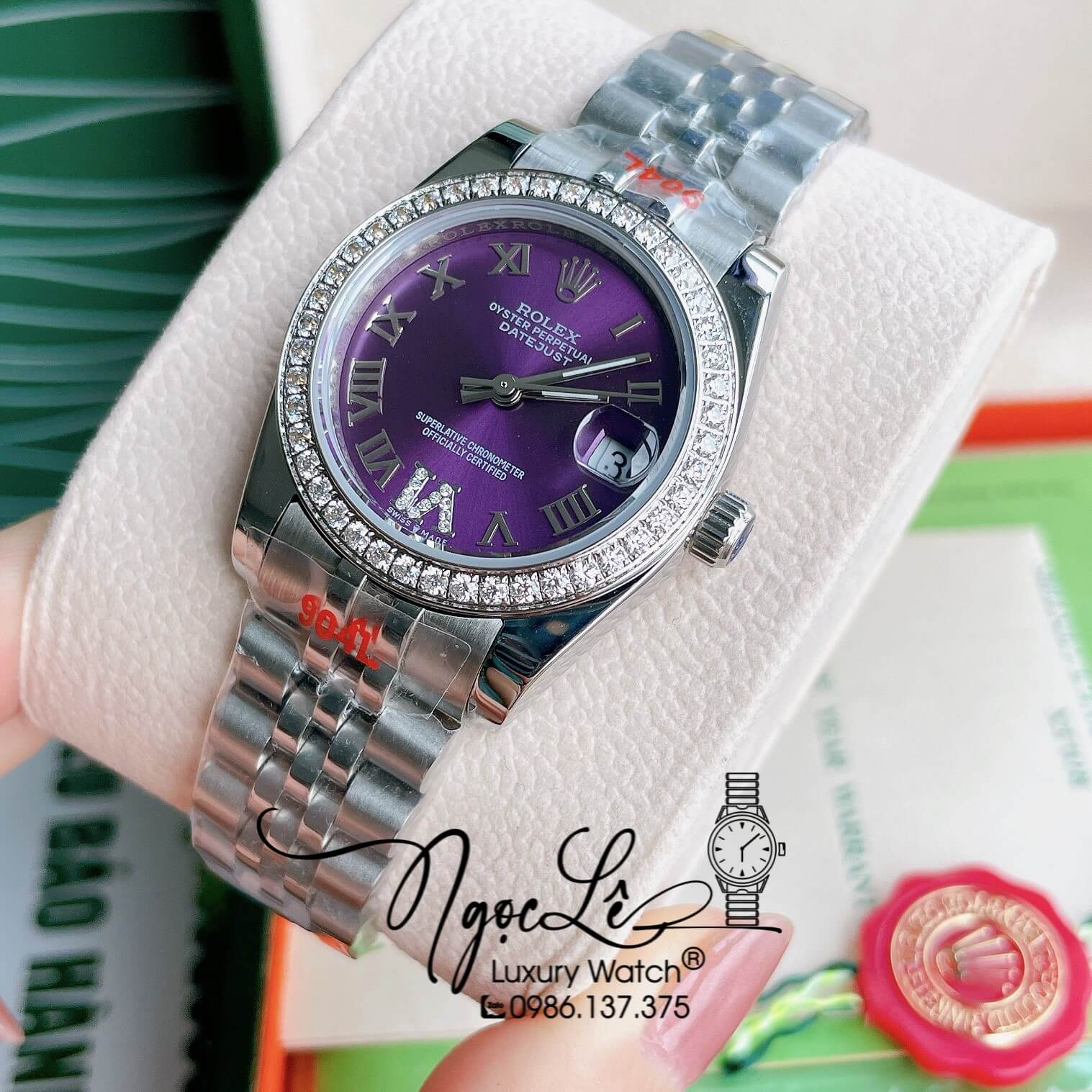 Đồng Hồ Nữ Rolex Datejust Pin Màu Bạc Mặt Tím Đính Đá Size 32mm Full Box
