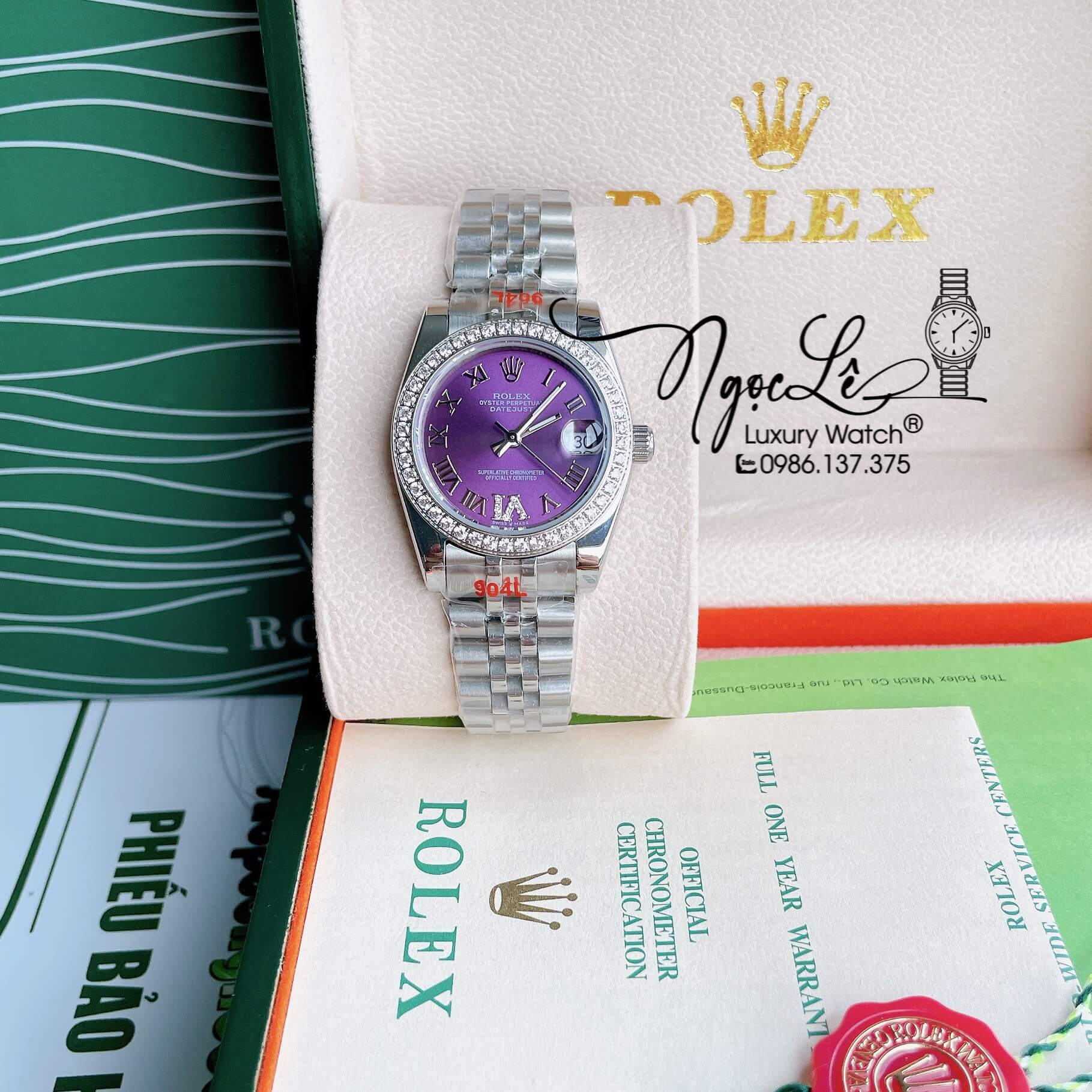 Đồng Hồ Nữ Rolex Datejust Pin Màu Bạc Mặt Tím Đính Đá Size 32mm Full Box