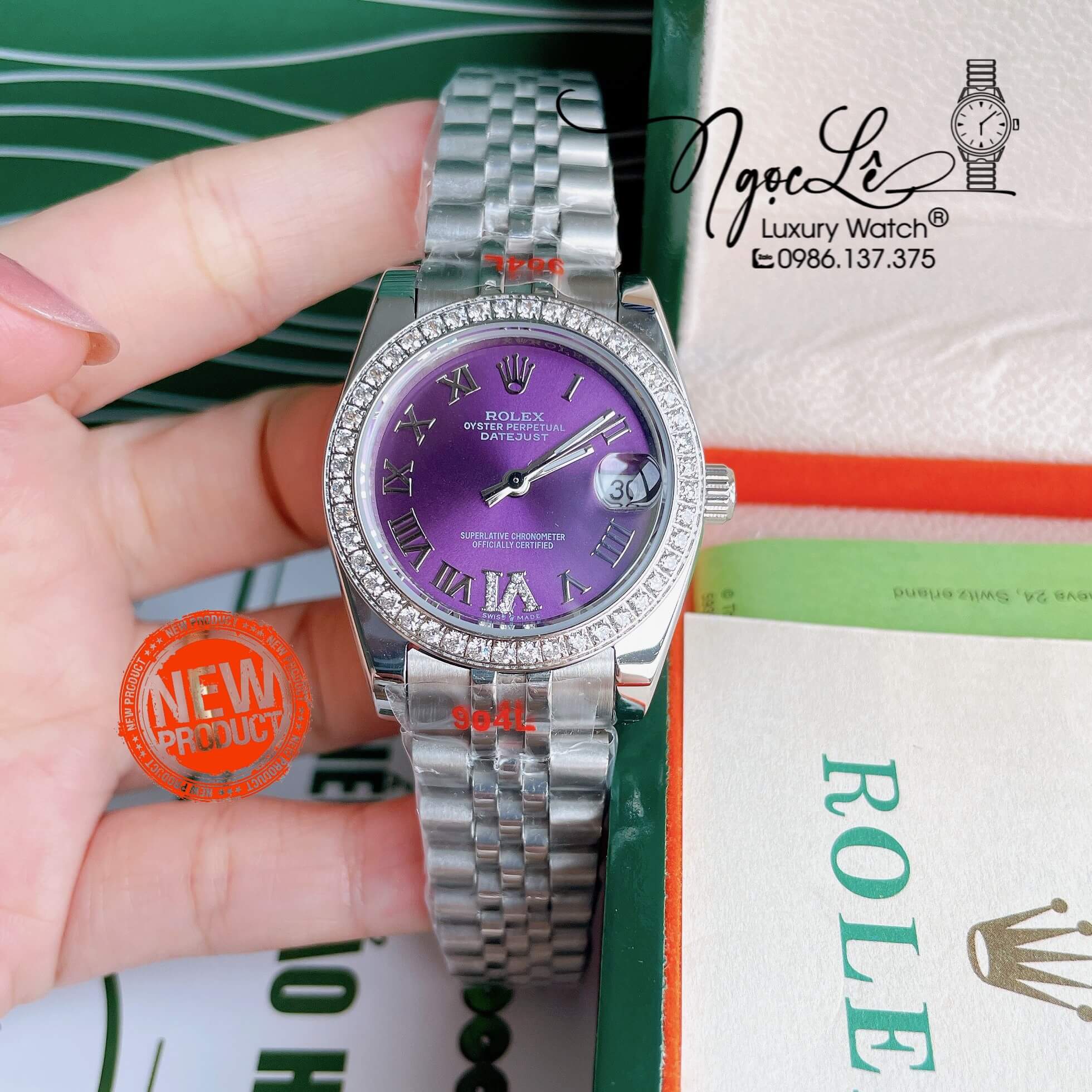 Đồng Hồ Nữ Rolex Datejust Pin Màu Bạc Mặt Tím Đính Đá Size 32mm Full Box