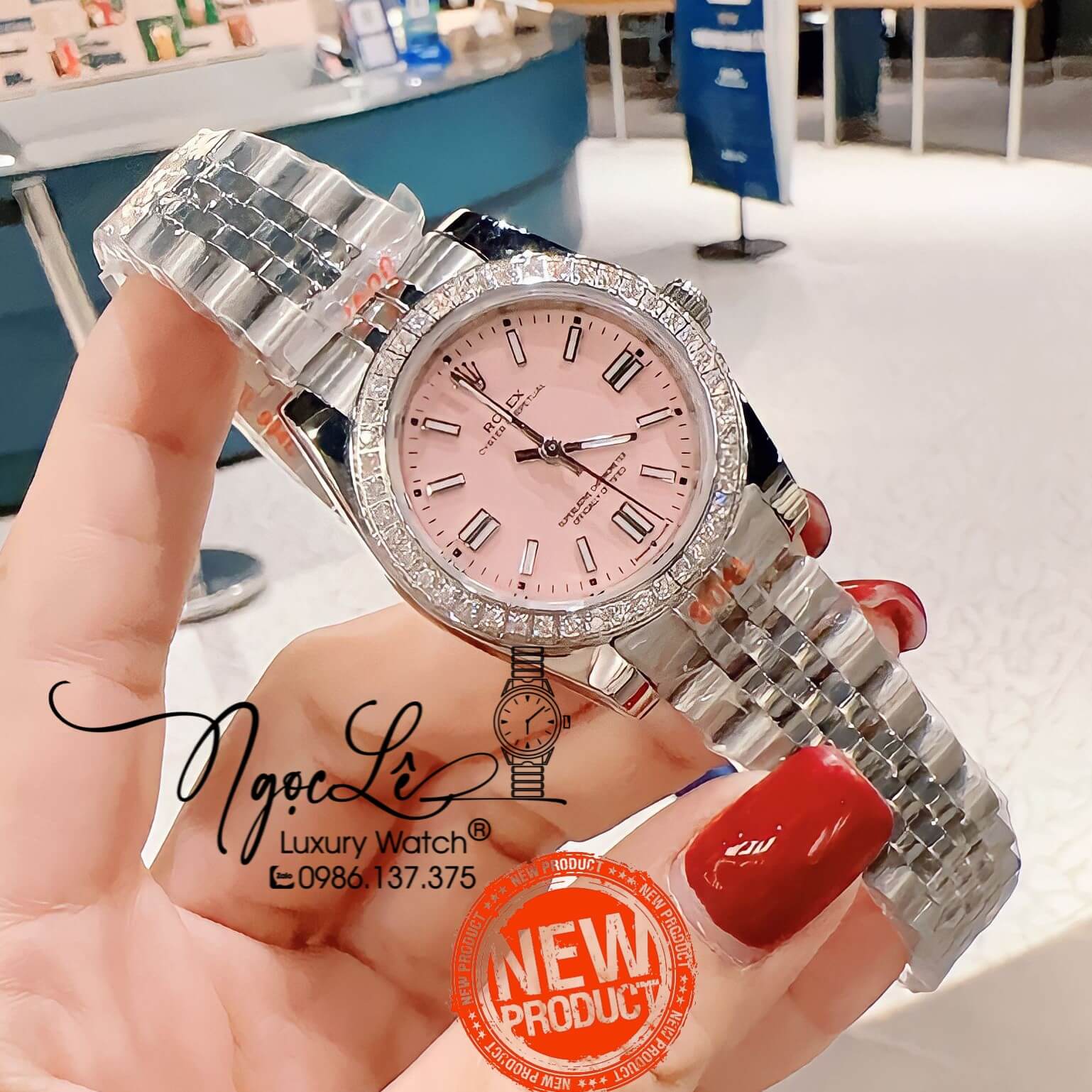 Đồng Hồ Nữ Rolex Datejust Pin Màu Bạc Mặt Hồng Đính Đá Size 32mm