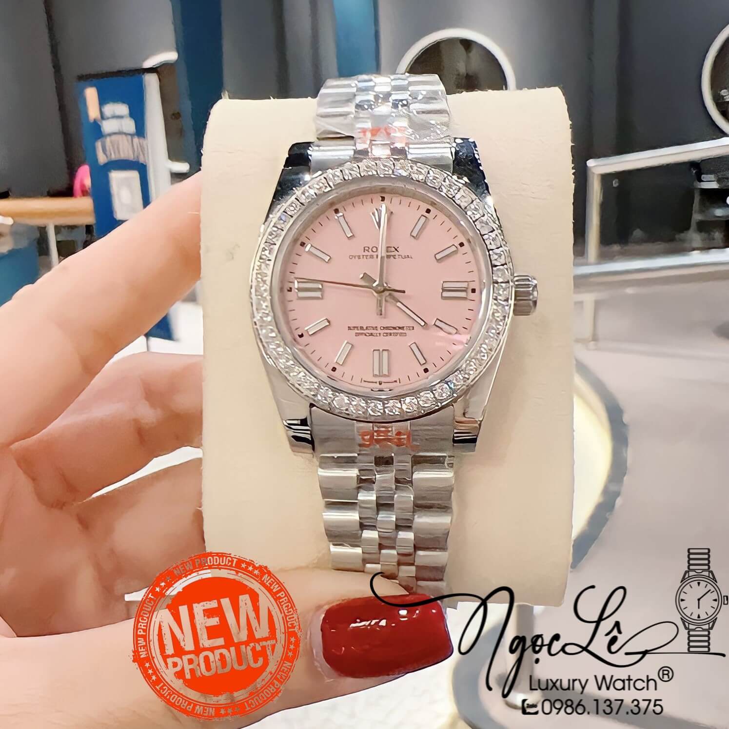 Đồng Hồ Nữ Rolex Datejust Pin Màu Bạc Mặt Hồng Đính Đá Size 32mm