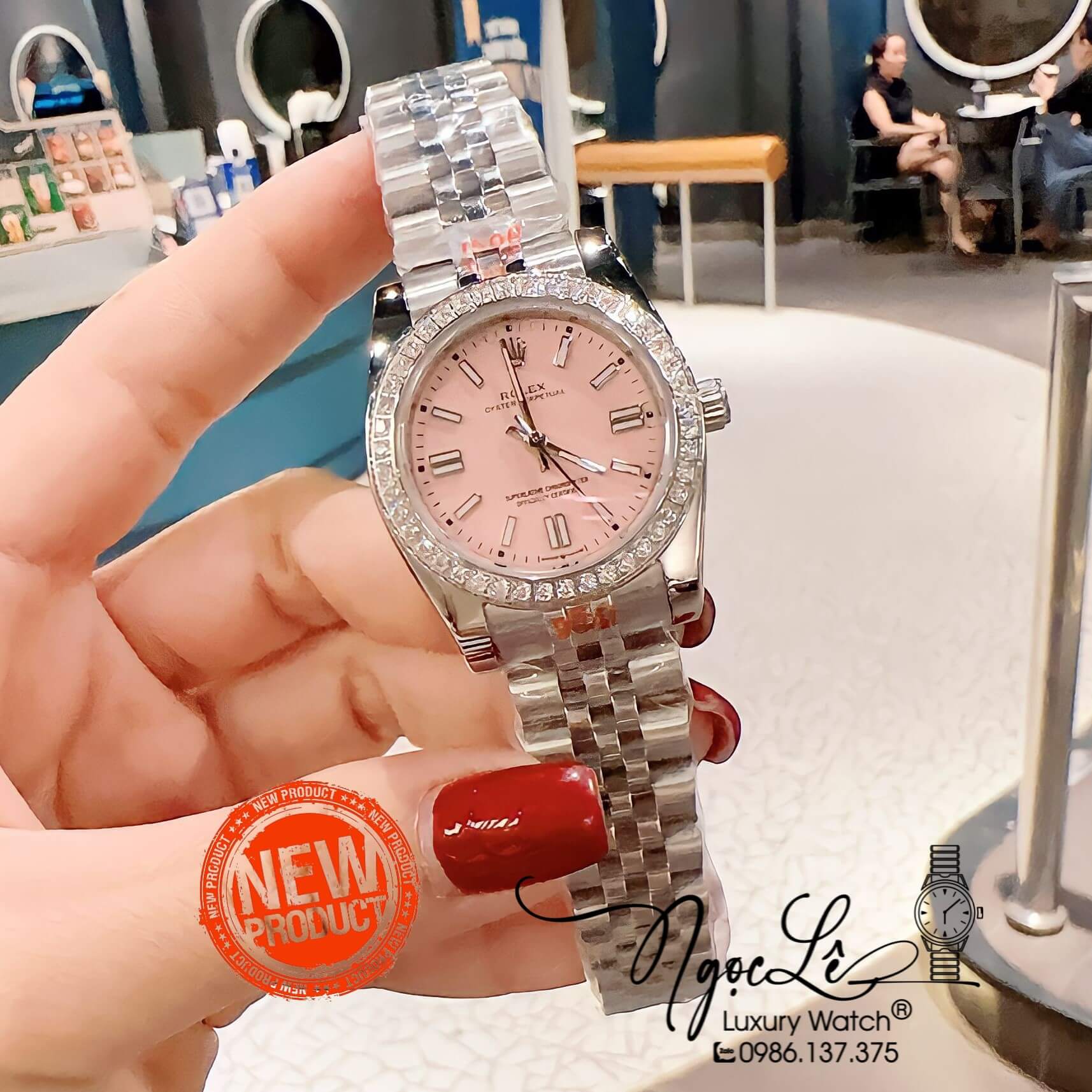 Đồng Hồ Nữ Rolex Datejust Pin Màu Bạc Mặt Hồng Đính Đá Size 32mm