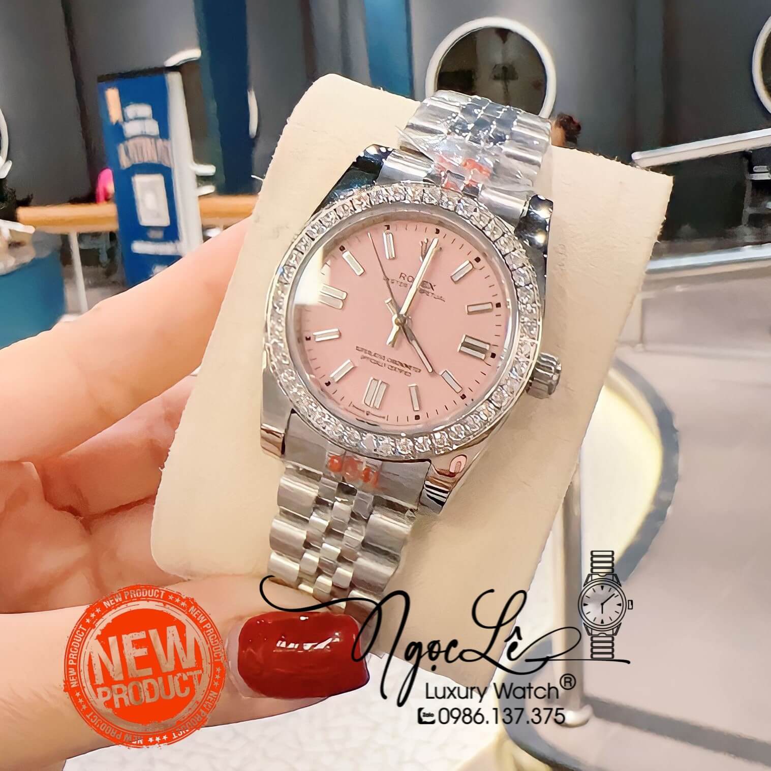 Đồng Hồ Nữ Rolex Datejust Pin Màu Bạc Mặt Hồng Đính Đá Size 32mm