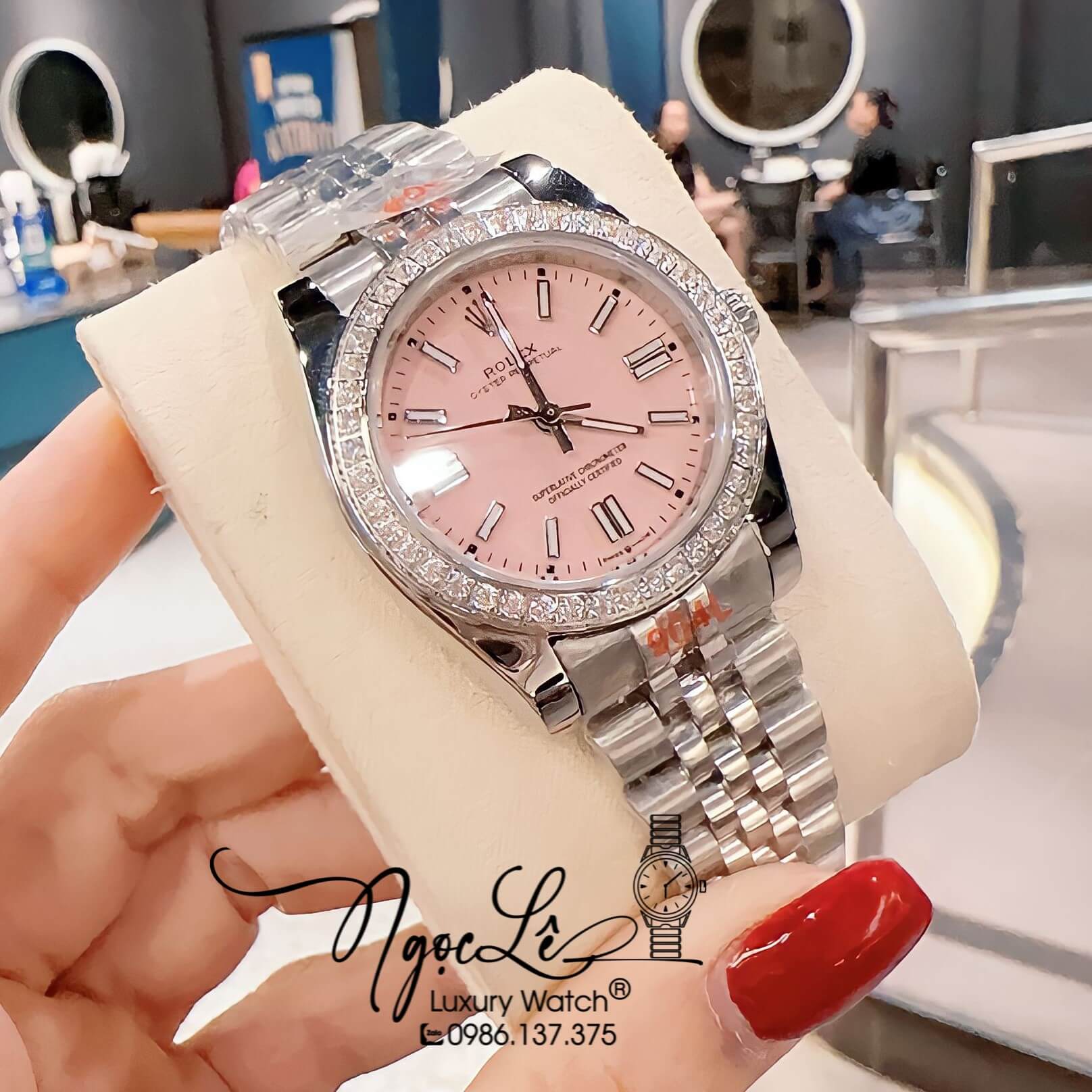 Đồng Hồ Nữ Rolex Datejust Pin Màu Bạc Mặt Hồng Đính Đá Size 32mm